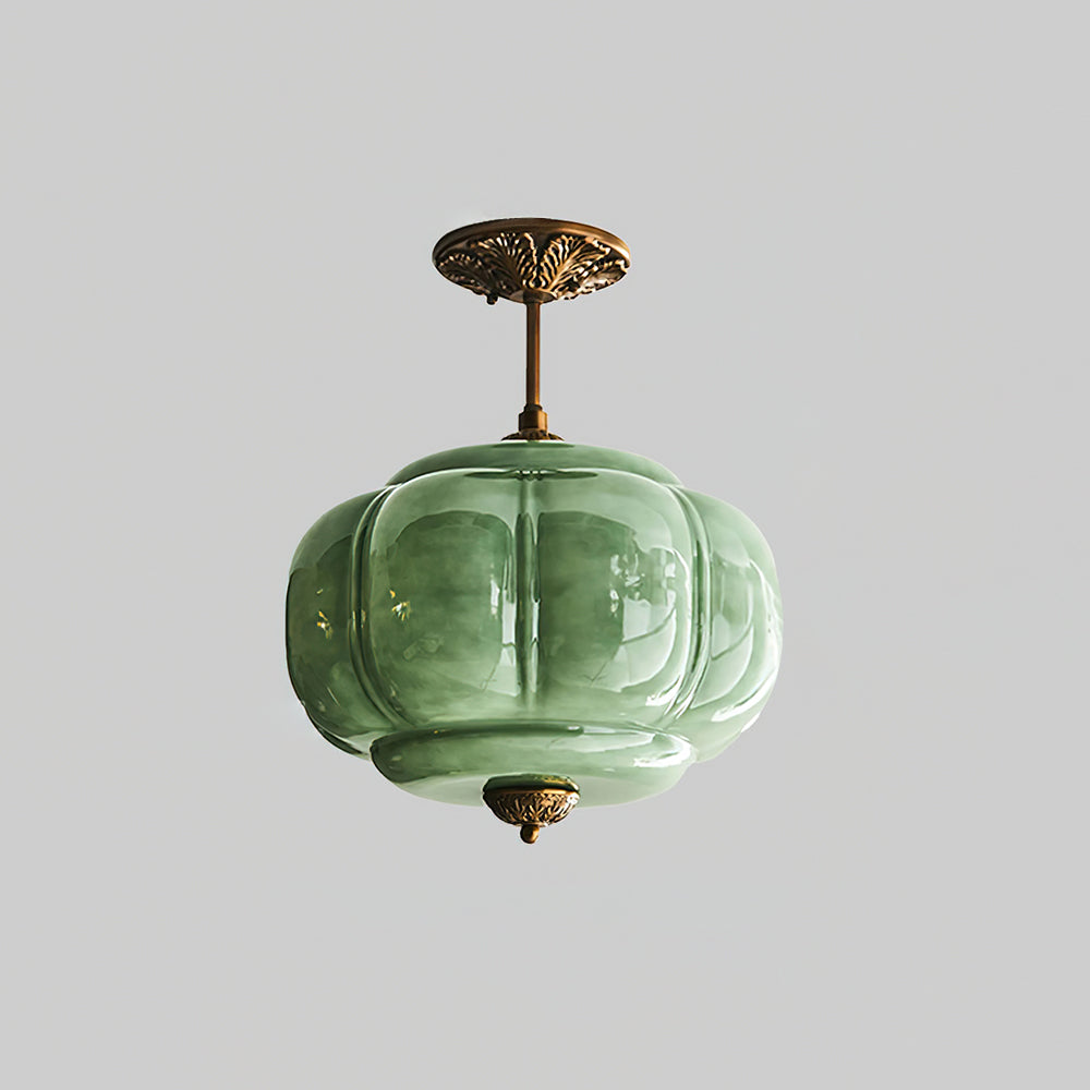 Lámpara de techo semiempotrada de cristal verde con esfera dorada estriada, estilo vintage | Ormexis