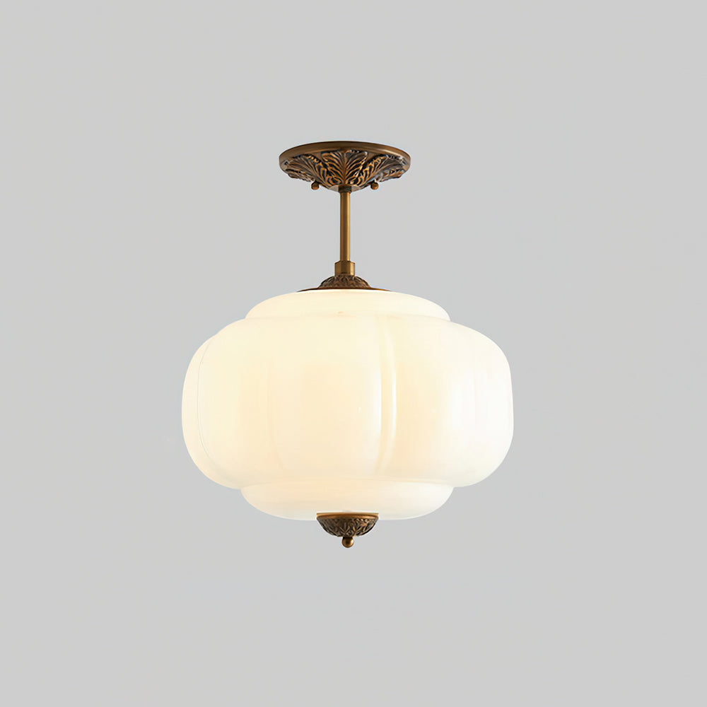Lámpara de techo semiempotrada de cristal verde con esfera dorada estriada, estilo vintage | Ormexis
