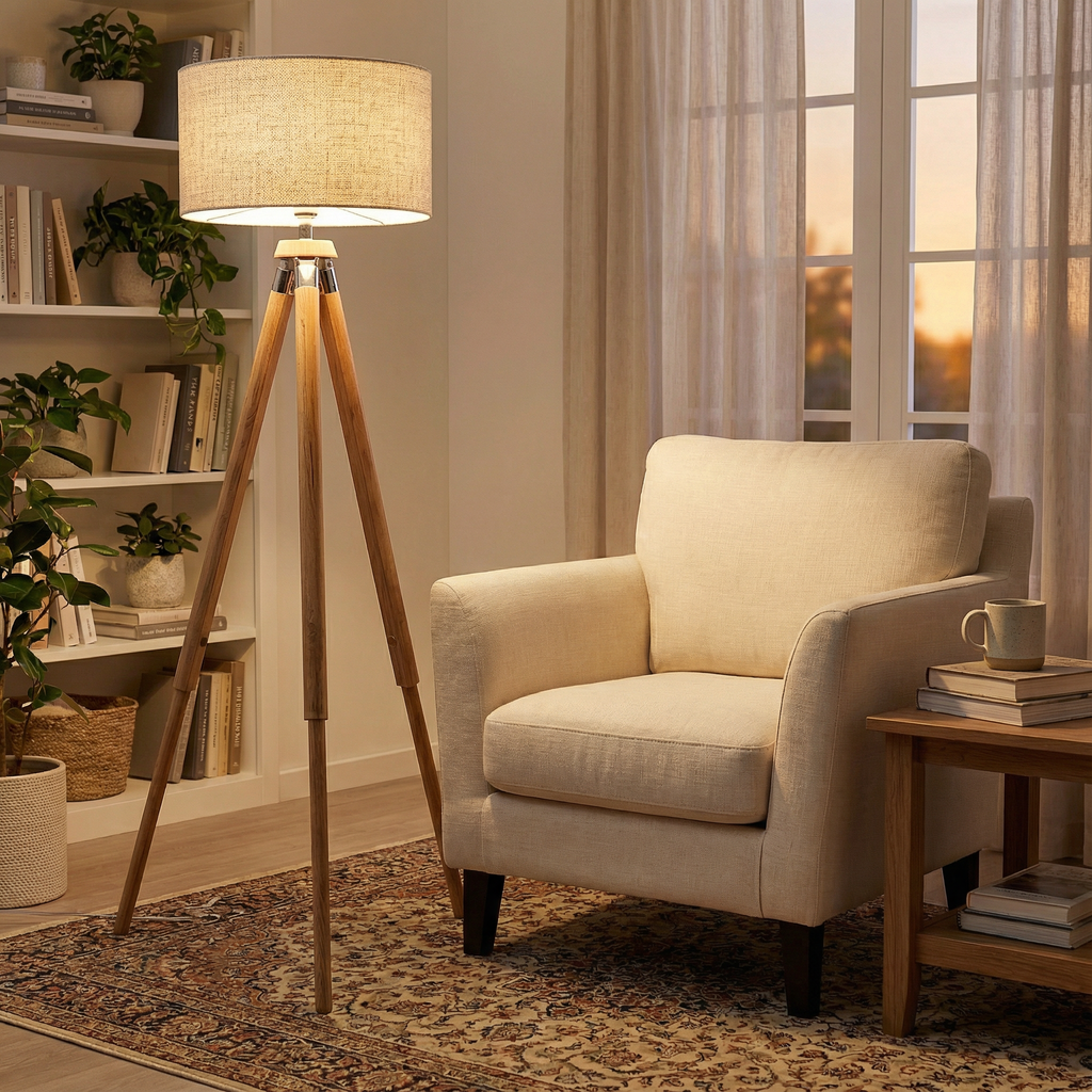 Moderní stojací lampa na trojnožce s látkovým stínidlem | Ormexis