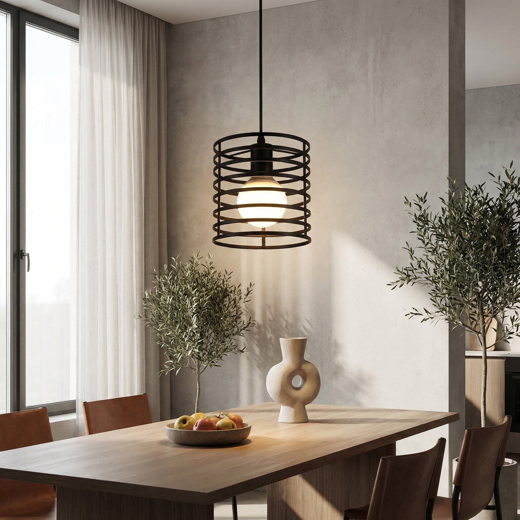 Scandinavische zwarte gestreepte hanglamp met cilindervormige kooi | Ormexis