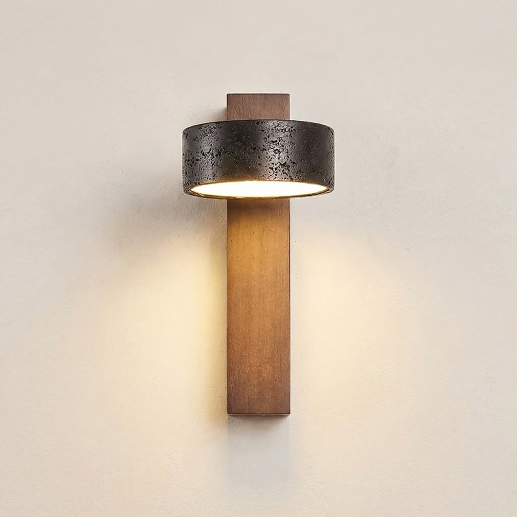 Lámpara de pared giratoria de travertino amarillo con base de madera maciza | Ormexis