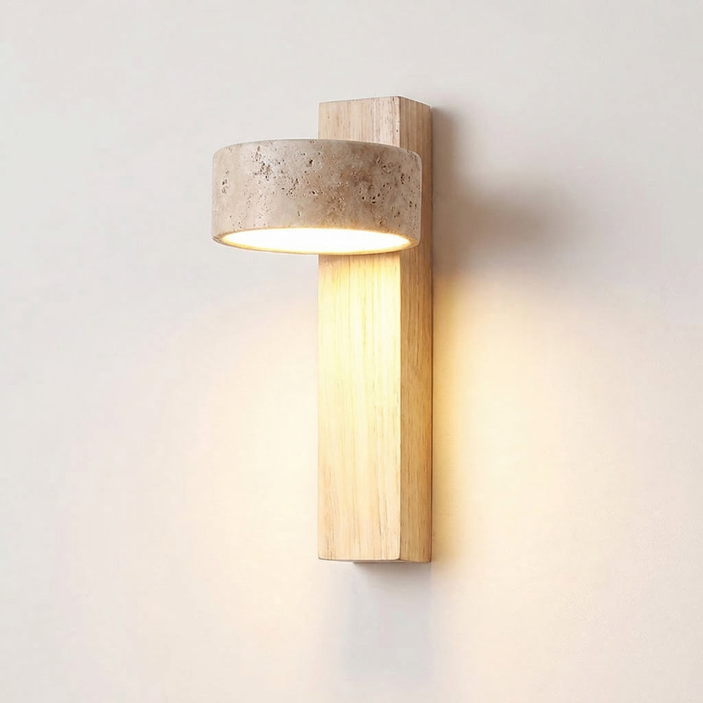 Lámpara de pared giratoria de travertino amarillo con base de madera maciza | Ormexis