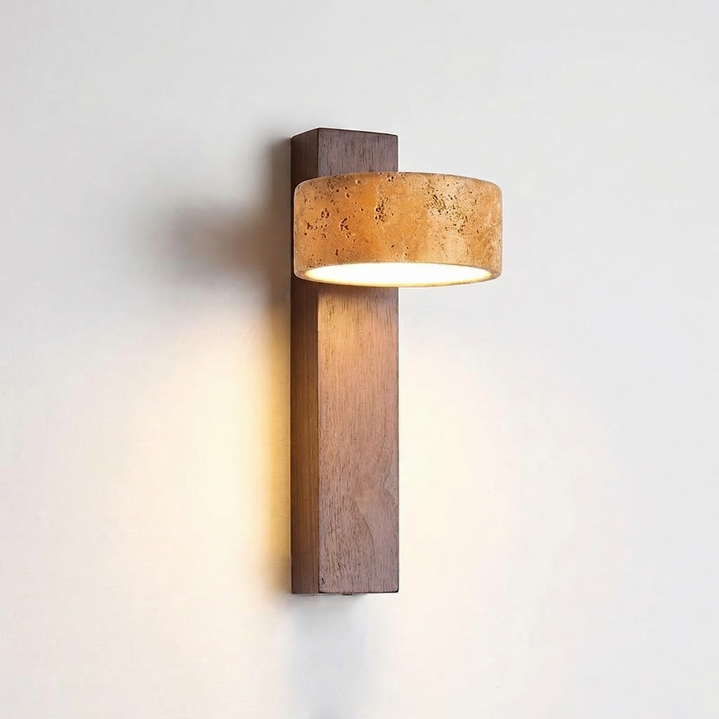 Lámpara de pared giratoria de travertino amarillo con base de madera maciza | Ormexis