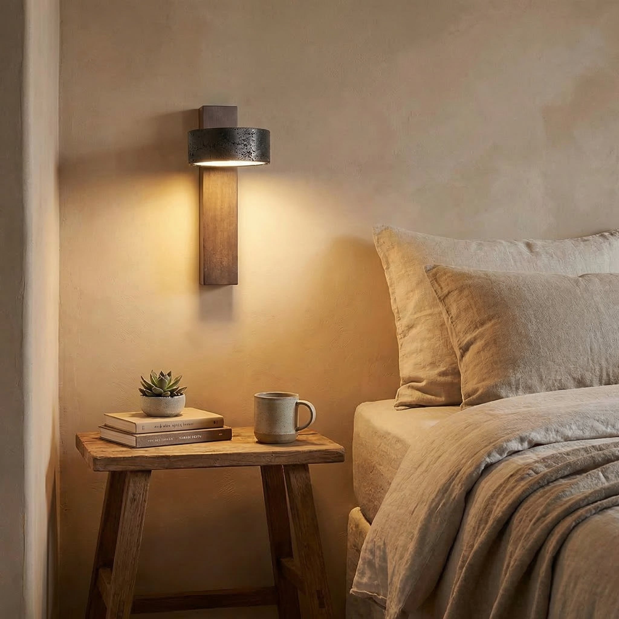 Lámpara de pared giratoria de travertino amarillo con base de madera maciza | Ormexis