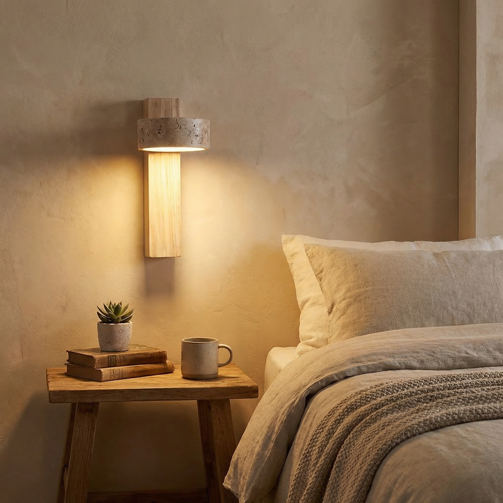 Lámpara de pared giratoria de travertino amarillo con base de madera maciza | Ormexis