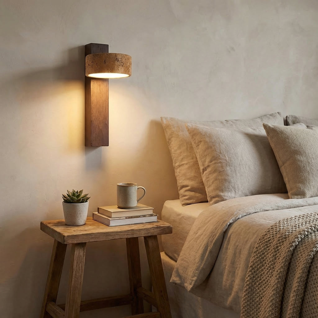 Lámpara de pared giratoria de travertino amarillo con base de madera maciza | Ormexis