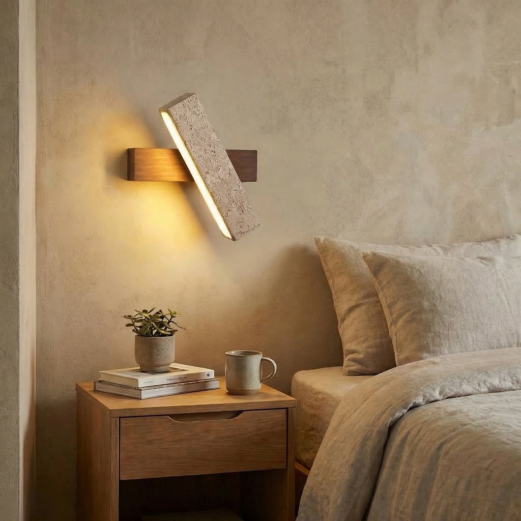 Yellow Travertine Rotatable Wall Light with Walnut Wood Finish | Ormexis