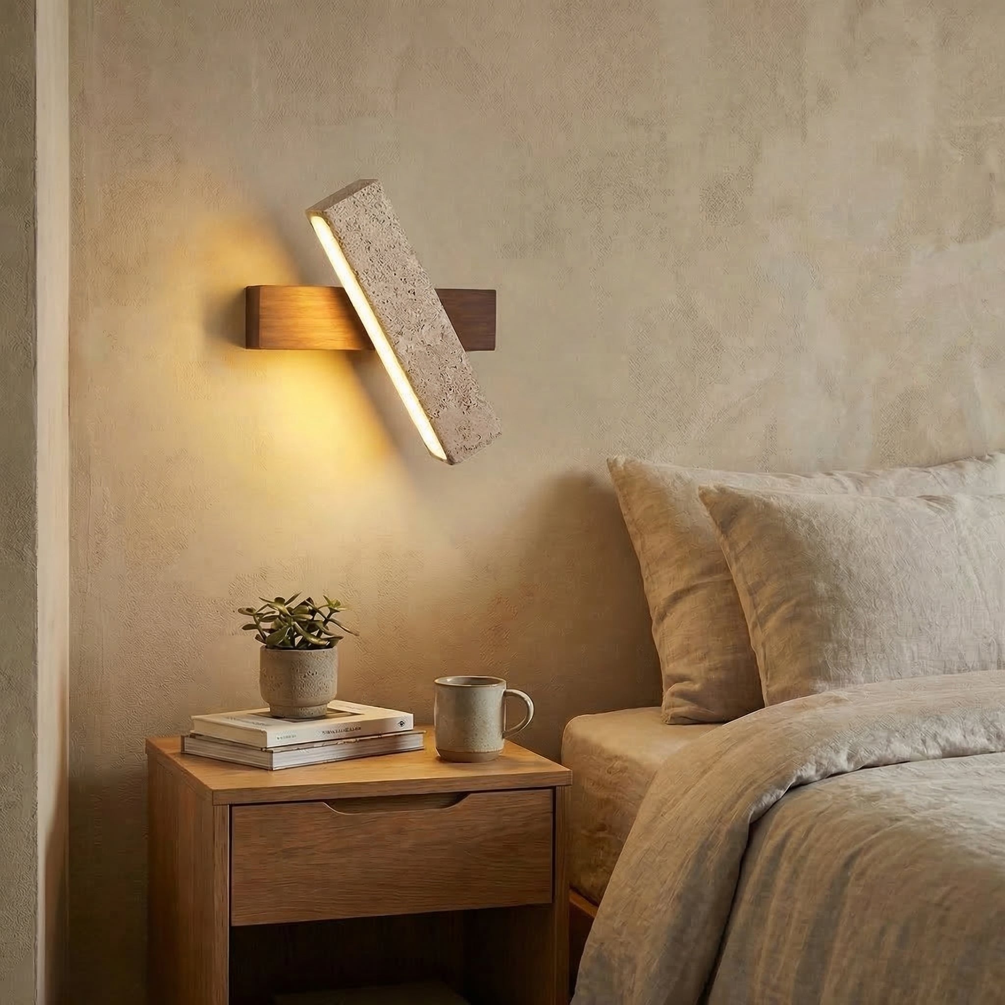 Yellow Travertine Rotatable Wall Light with Walnut Wood Finish | Ormexis