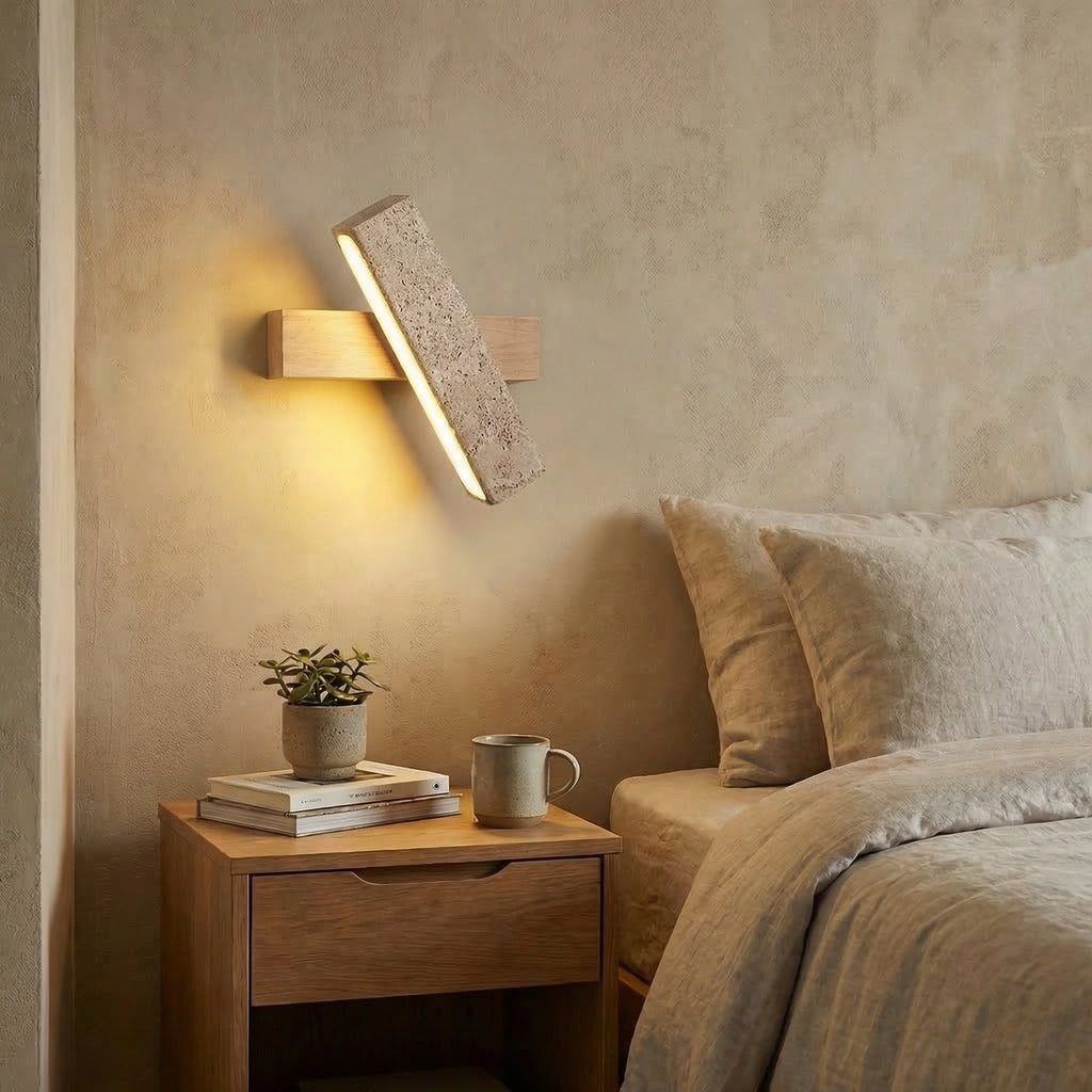 Yellow Travertine Rotatable Wall Light with Walnut Wood Finish | Ormexis