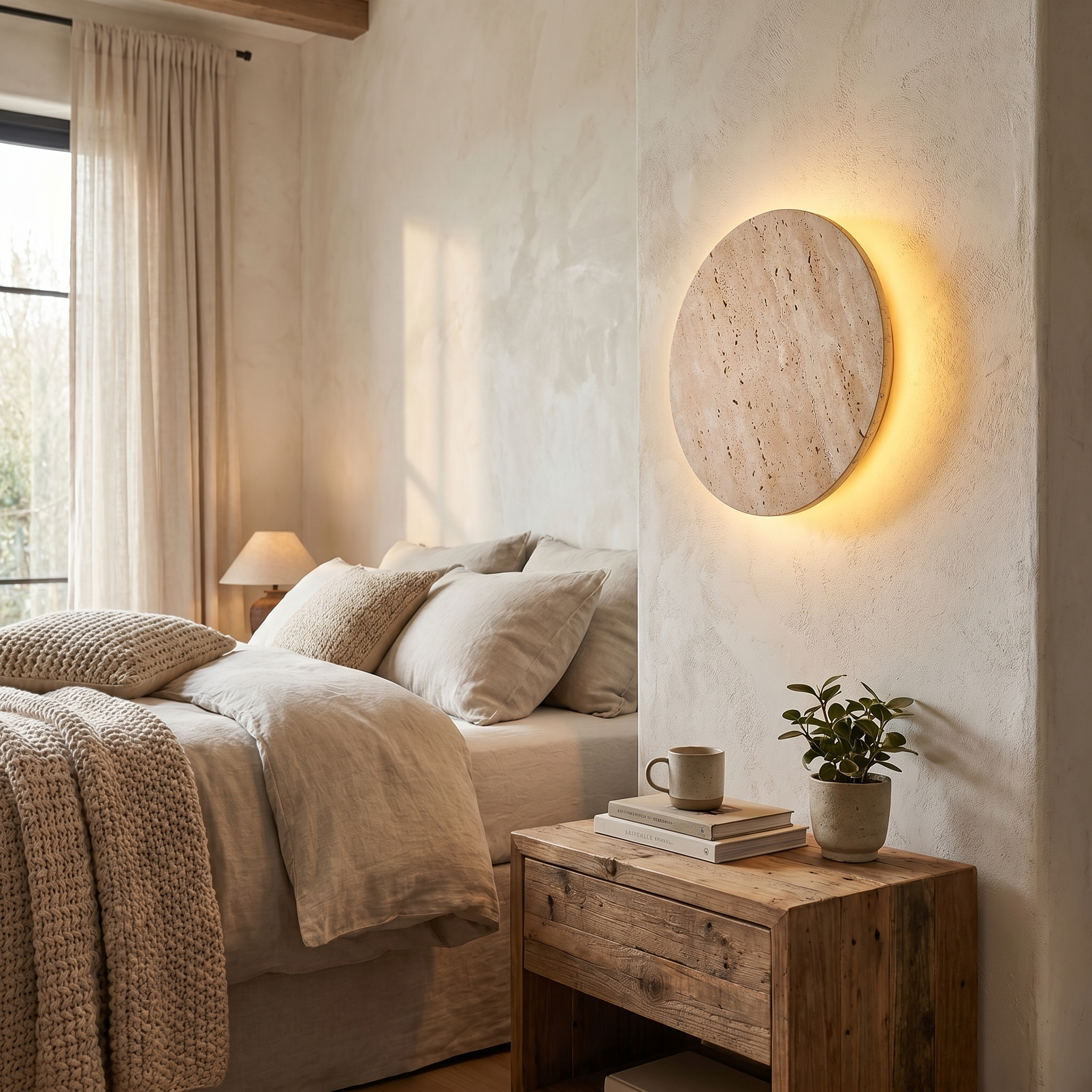 Minimalistisk rund LED-væglampe i travertin | Ormexis