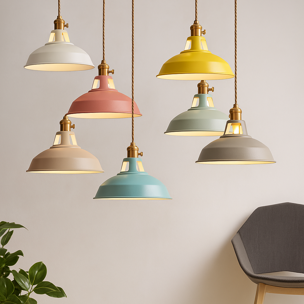 Lustră suspendată industrială, colorată, cu cupolă metalică, pentru bucătărie în stil rustic, cu LED | Ormexis