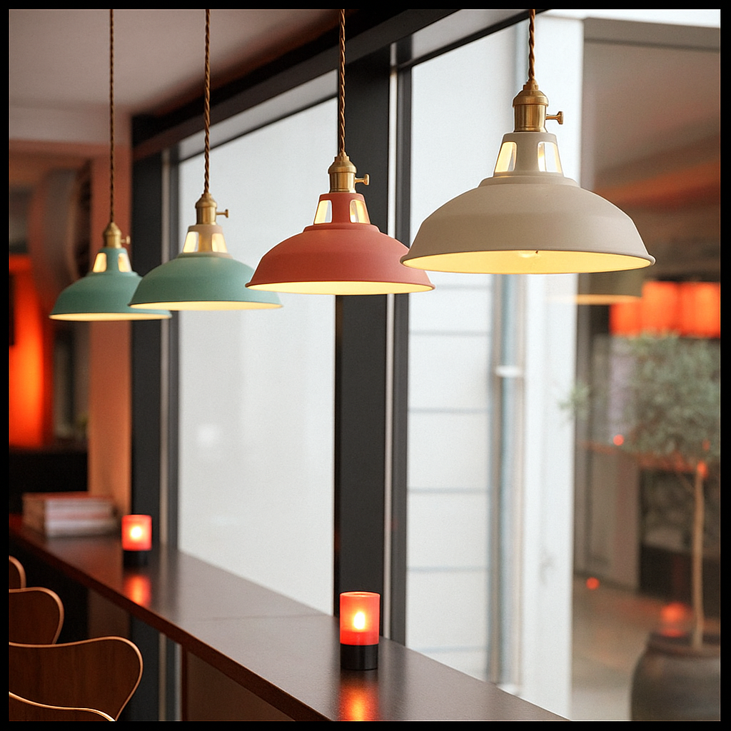Lustră suspendată industrială, colorată, cu cupolă metalică, pentru bucătărie în stil rustic, cu LED | Ormexis