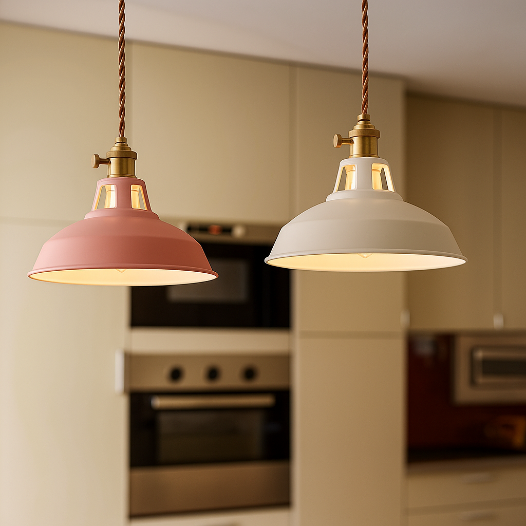 Lustră suspendată industrială, colorată, cu cupolă metalică, pentru bucătărie în stil rustic, cu LED | Ormexis