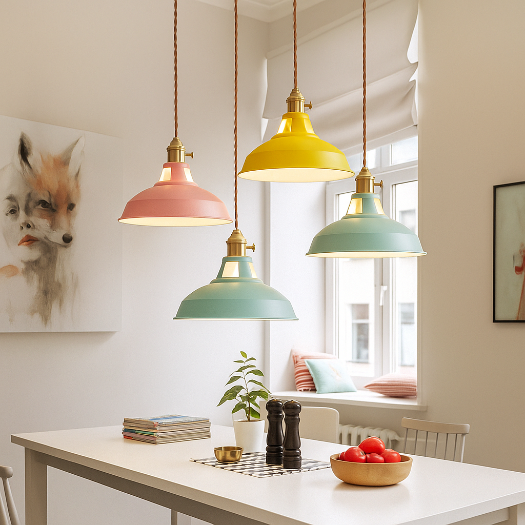 Lustră suspendată industrială, colorată, cu cupolă metalică, pentru bucătărie în stil rustic, cu LED | Ormexis