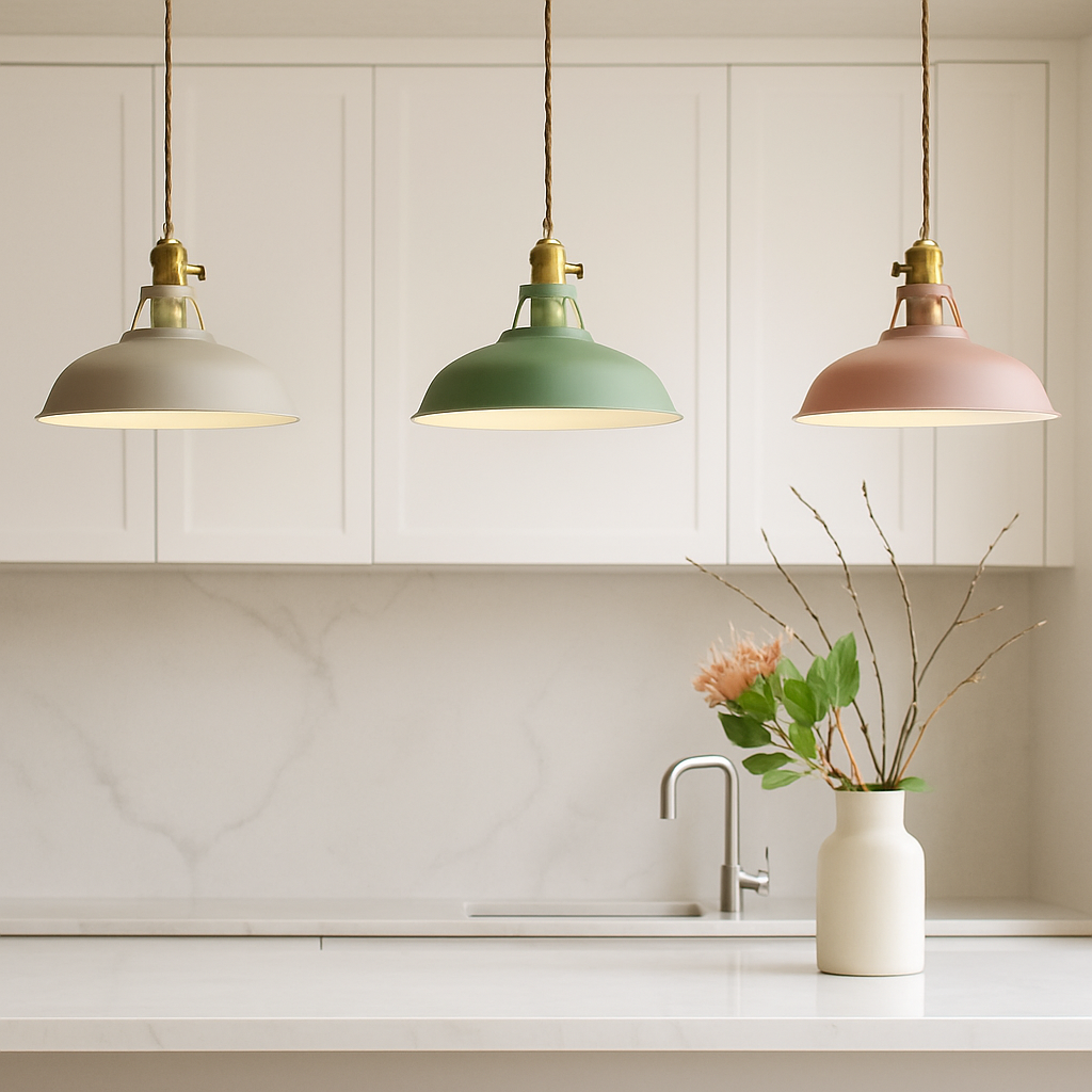 Lustră suspendată industrială, colorată, cu cupolă metalică, pentru bucătărie în stil rustic, cu LED | Ormexis