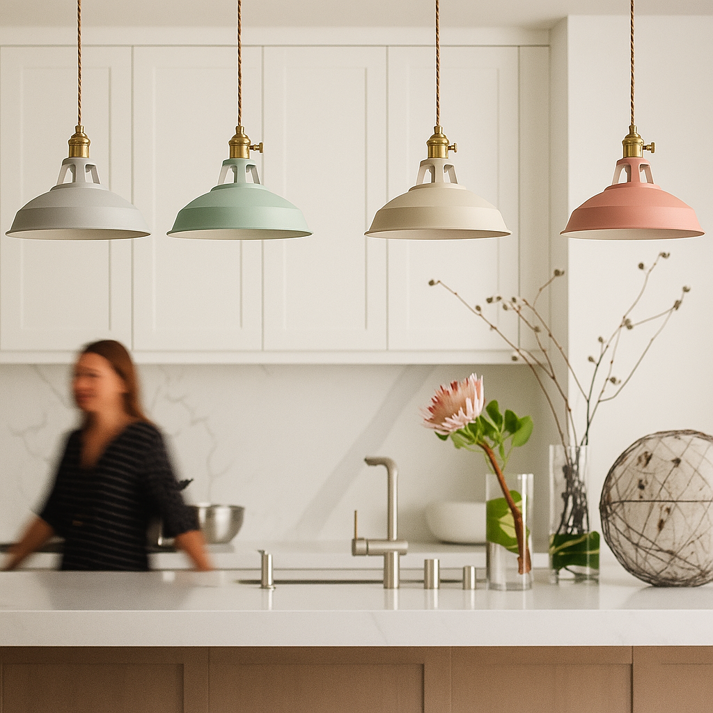 Lustră suspendată industrială, colorată, cu cupolă metalică, pentru bucătărie în stil rustic, cu LED | Ormexis