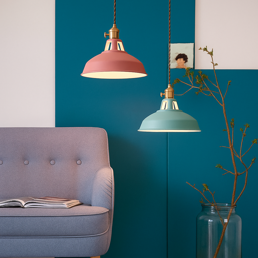 Lustră suspendată industrială, colorată, cu cupolă metalică, pentru bucătărie în stil rustic, cu LED | Ormexis