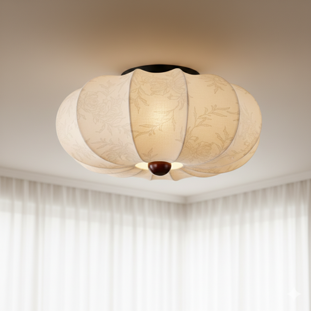 Japandi taklampe med silkestoff og tredetalj | Ormexis