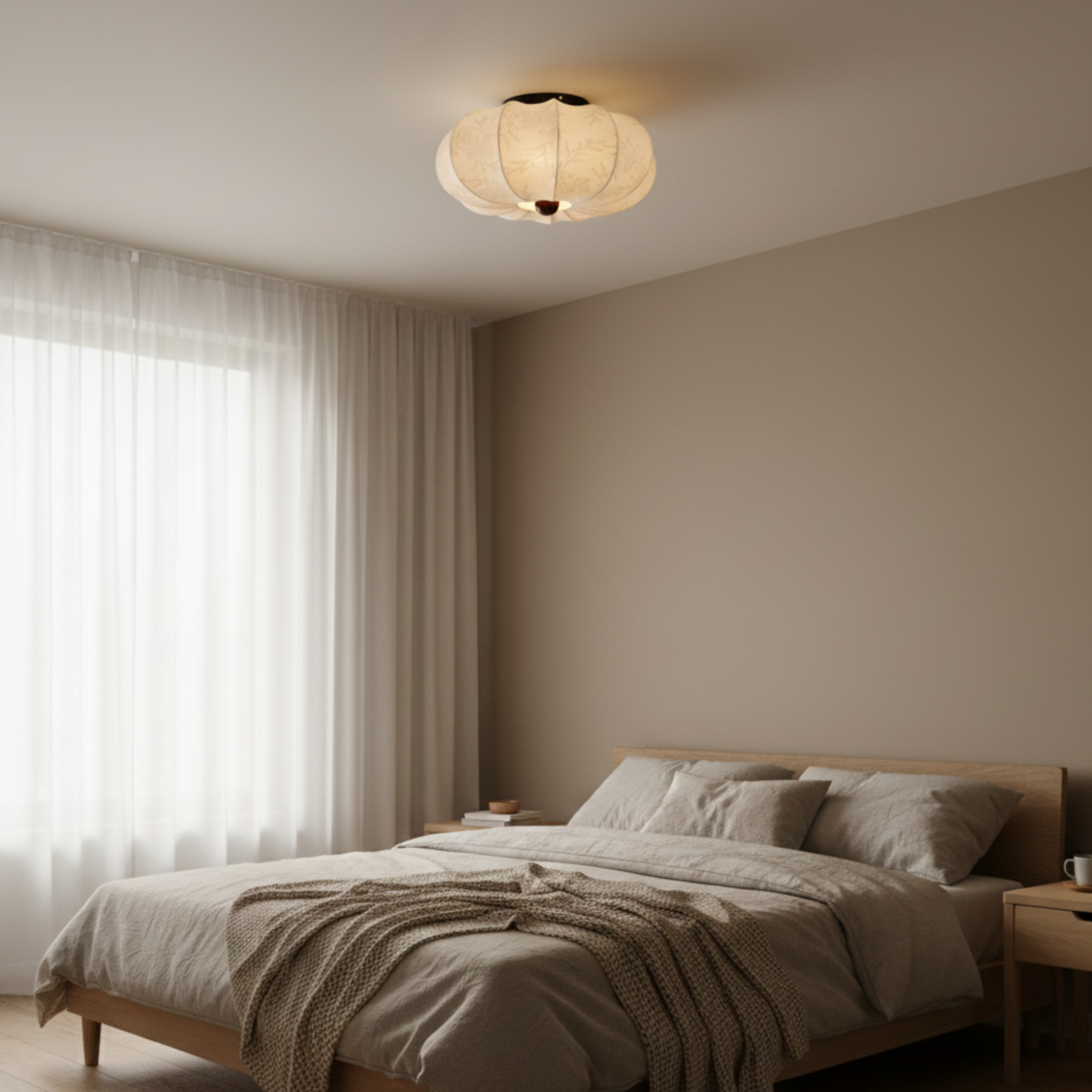 Japandi taklampe med silkestoff og tredetalj | Ormexis