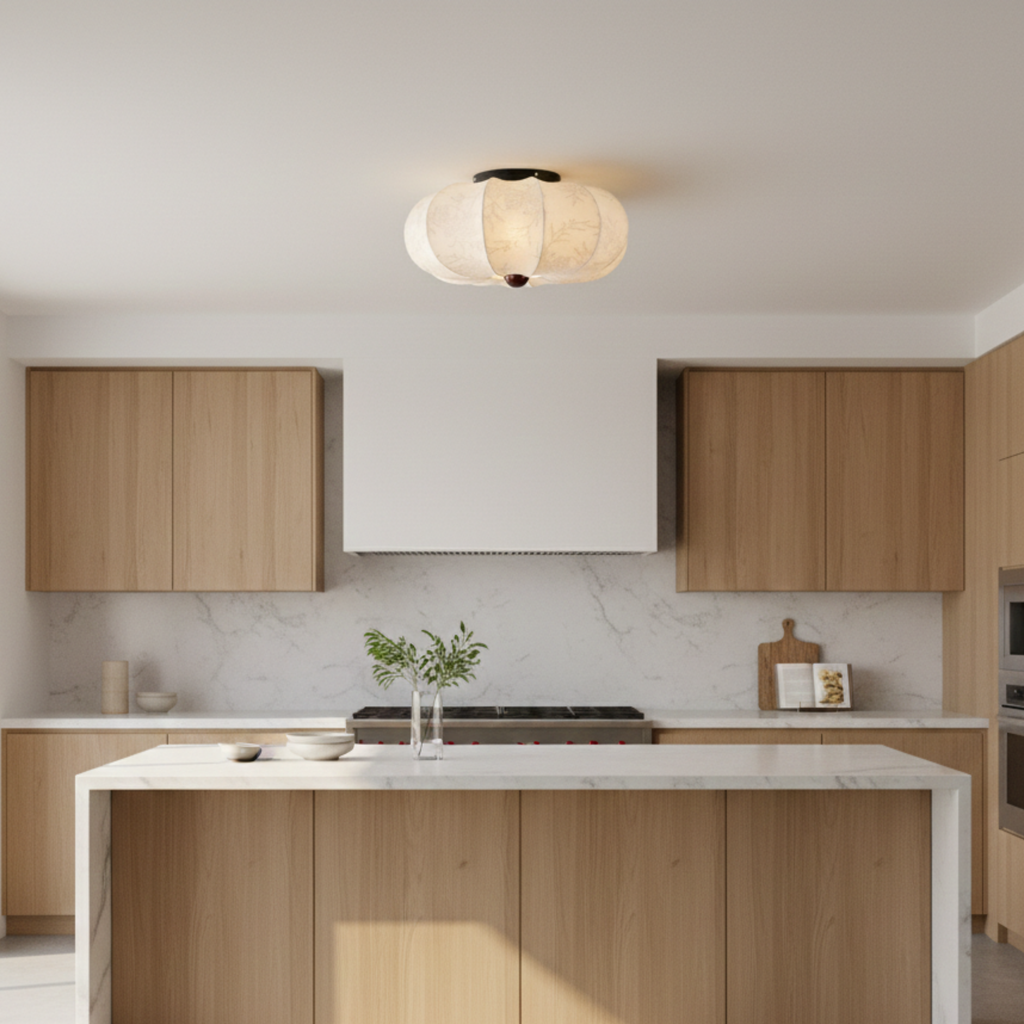 Japandi taklampe med silkestoff og tredetalj | Ormexis