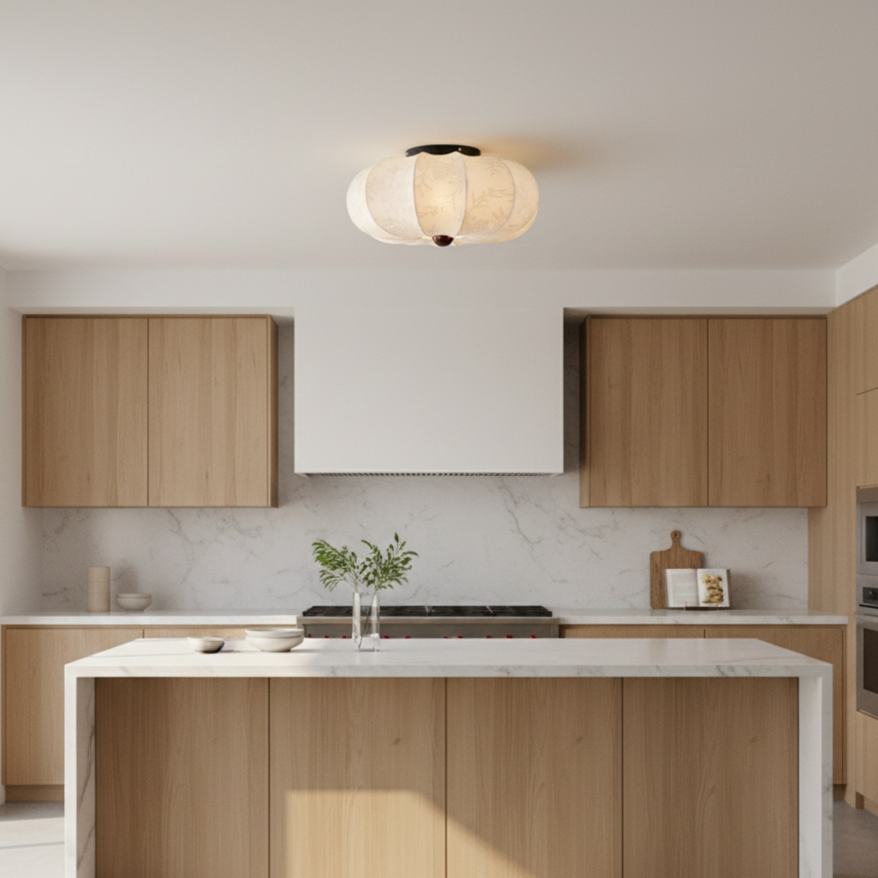 Japandi taklampe med silkestoff og tredetalj | Ormexis