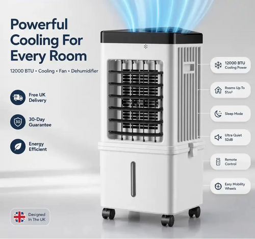 מזגן נייד Criovex בעוצמה של 12000 BTU, מקרר חדרים בשטח של עד 550 רגל רבועה | אורמקסיס