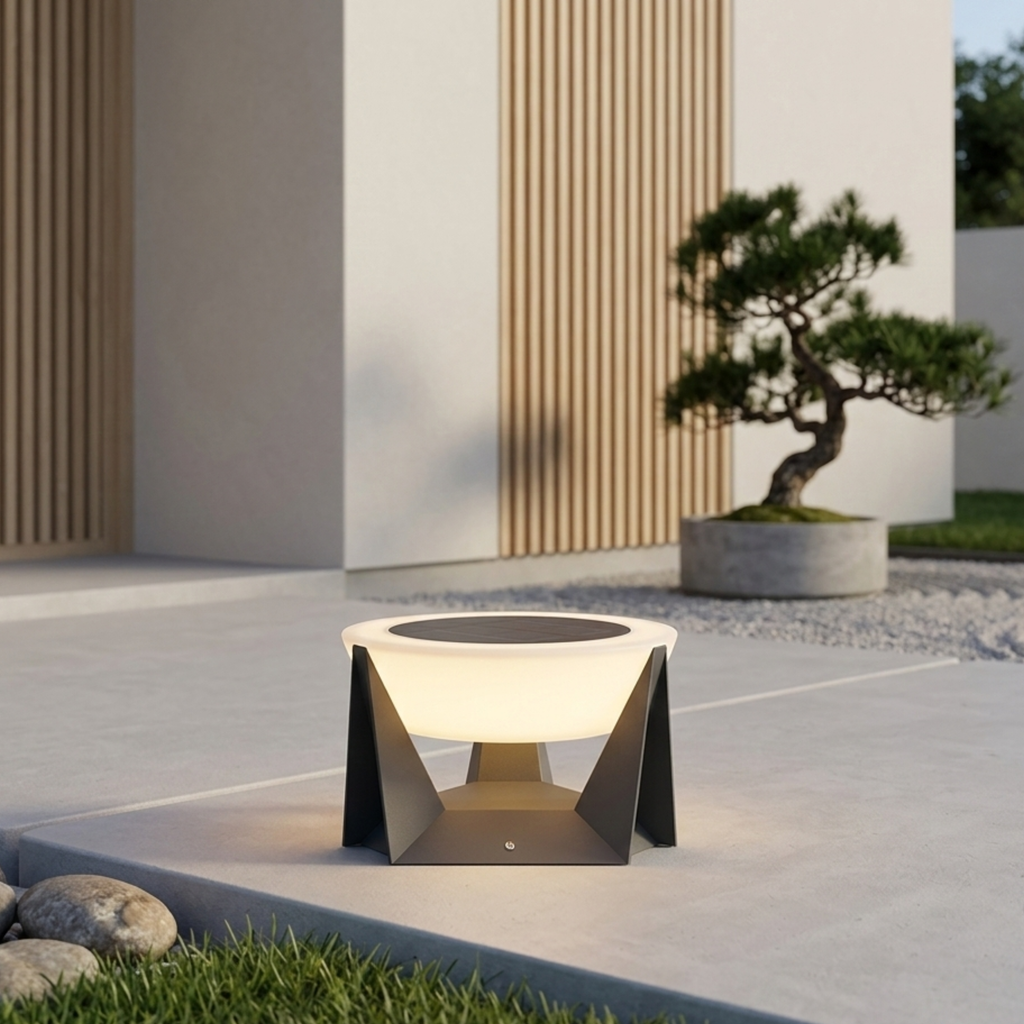 Moderní černé solární LED zahradní světlo s geometrickou základnou pro venkovní terasy | Ormexis