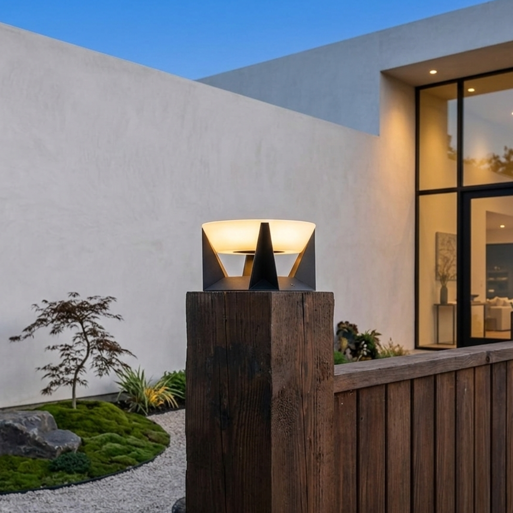 Moderní černé solární LED zahradní světlo s geometrickou základnou pro venkovní terasy | Ormexis