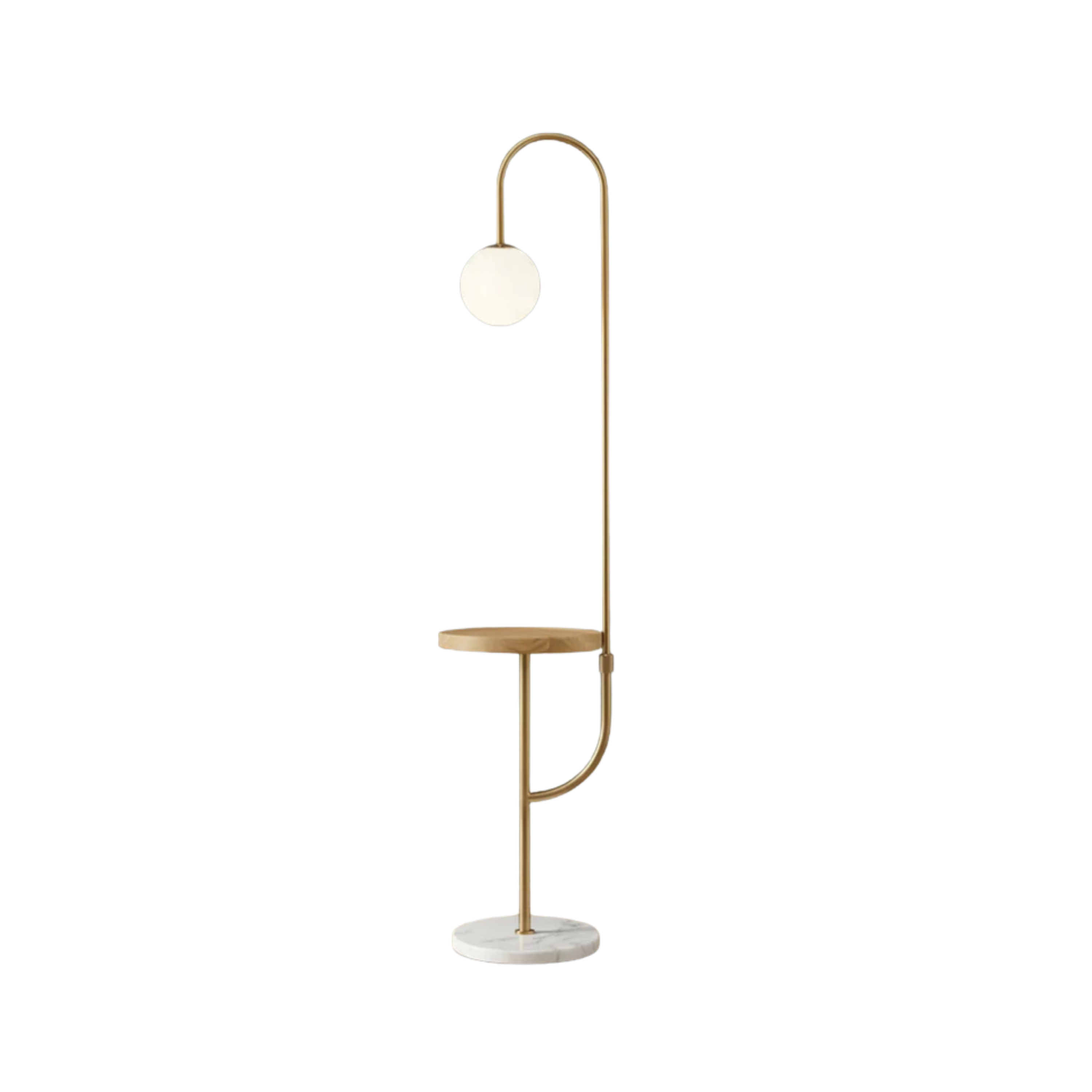 Moderne goldfarbene Stehlampe mit hölzernem Beistelltisch, kabelloser Ladefunktion und Marmorsockel | Ormexis