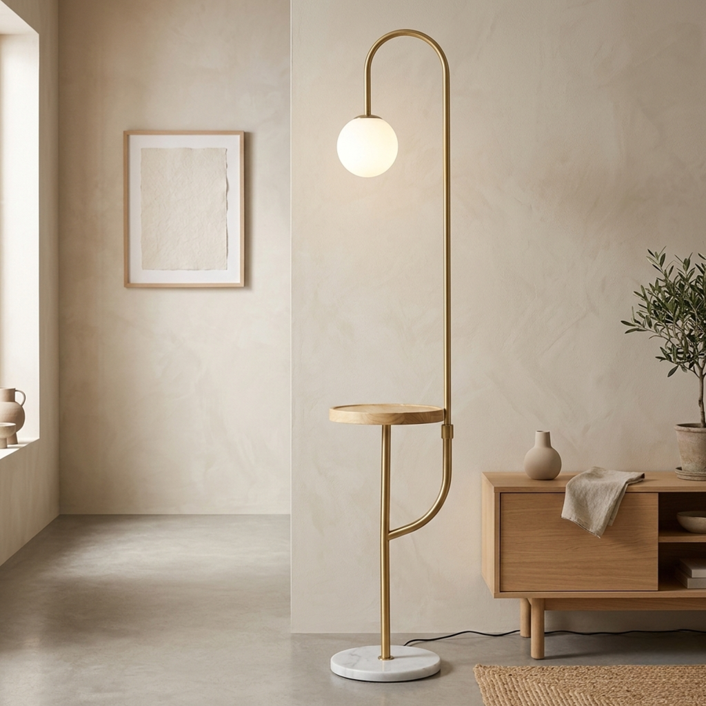Moderne goldfarbene Stehlampe mit hölzernem Beistelltisch, kabelloser Ladefunktion und Marmorsockel | Ormexis