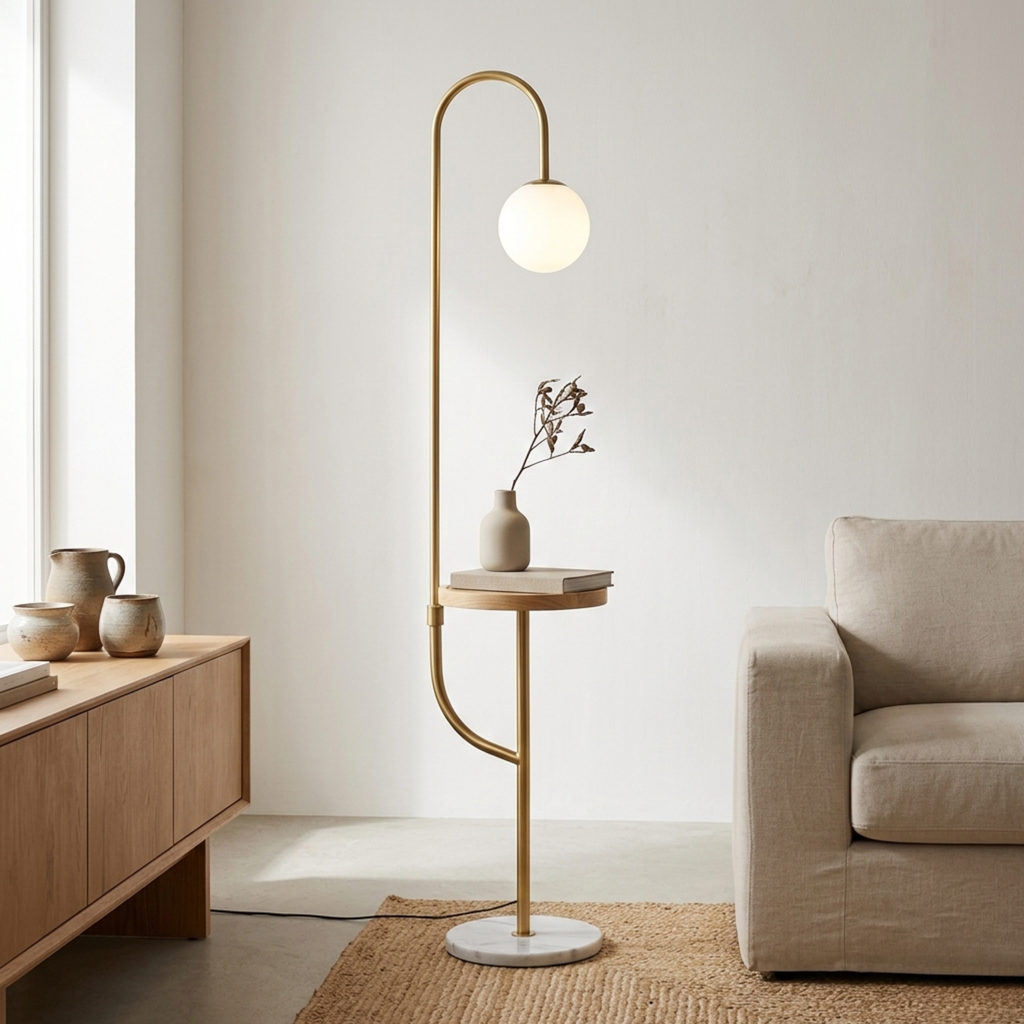 Moderne goldfarbene Stehlampe mit hölzernem Beistelltisch, kabelloser Ladefunktion und Marmorsockel | Ormexis