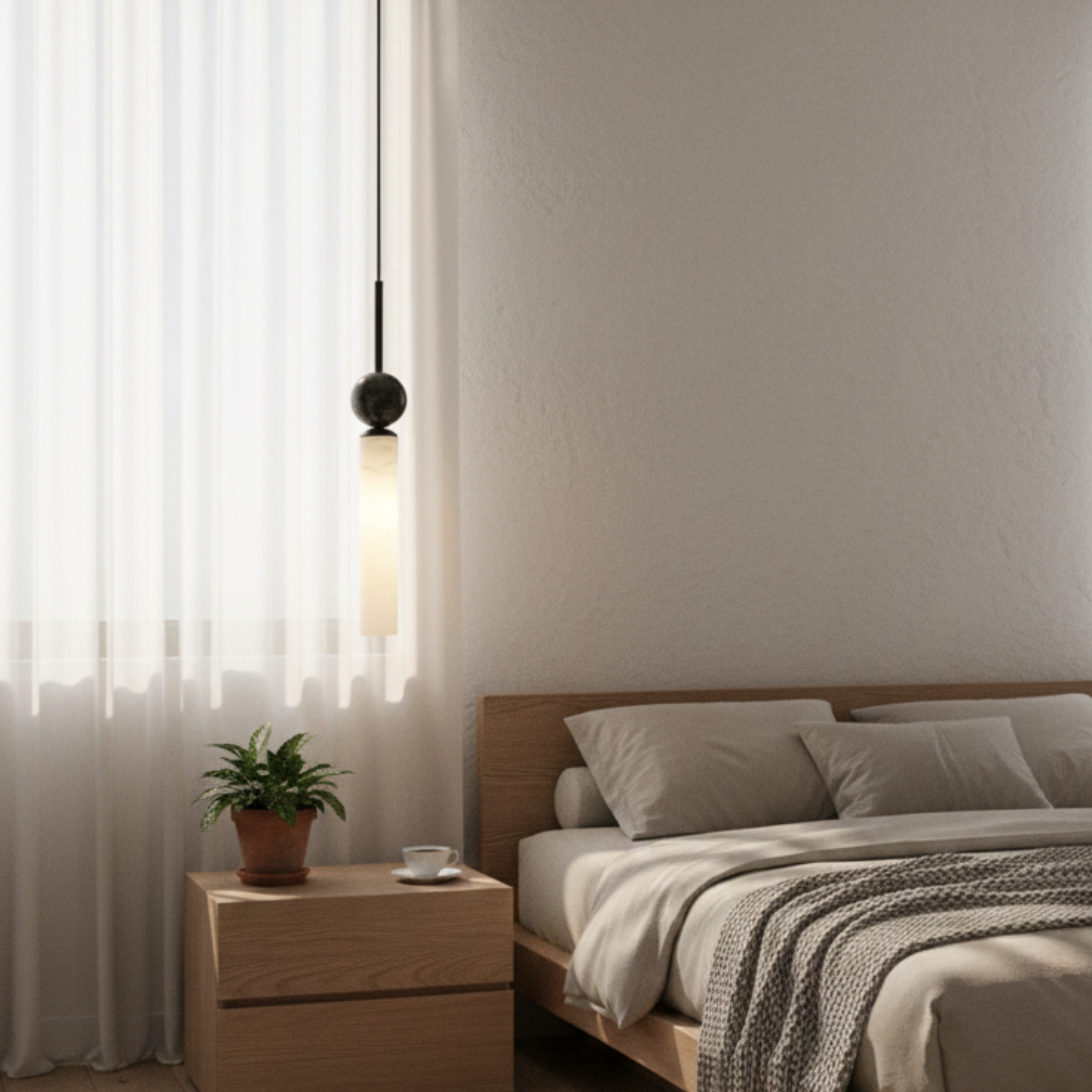 Moderne zylindrische LED-Pendelleuchte aus Marmor mit Kugeldetail | Ormexis