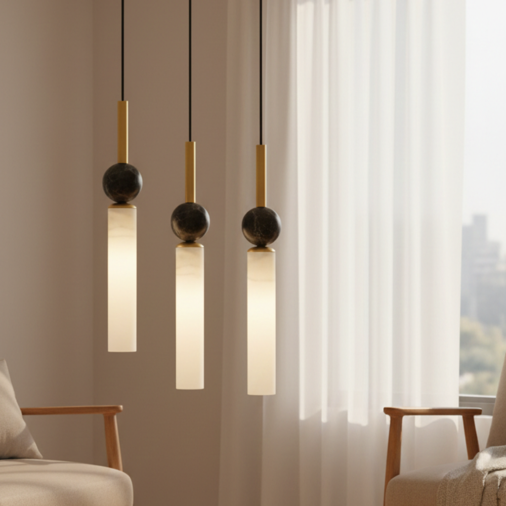 Moderne zylindrische LED-Pendelleuchte aus Marmor mit Kugeldetail | Ormexis