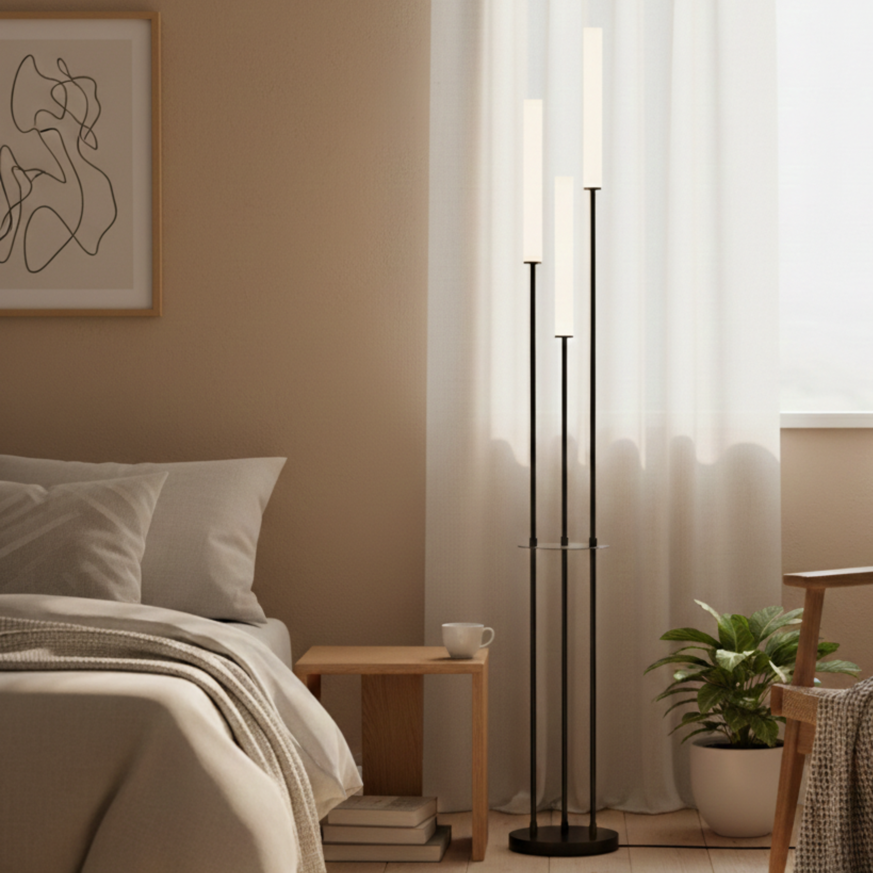 Moderne, minimalistische schwarze Aluminium-Stehlampe mit drei dimmbaren LED-Leuchten und Fernbedienung | Ormexis