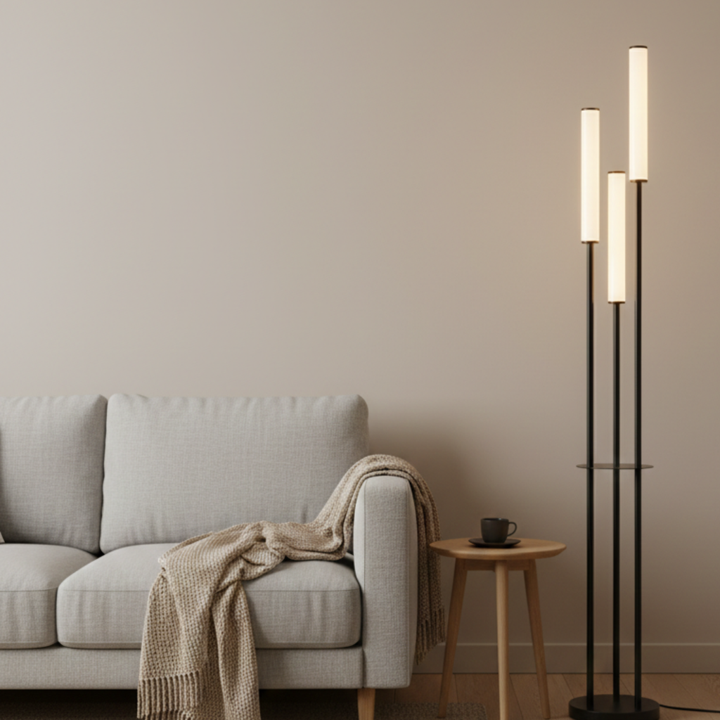 Moderne, minimalistische schwarze Aluminium-Stehlampe mit drei dimmbaren LED-Leuchten und Fernbedienung | Ormexis