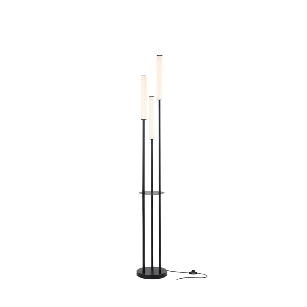 Moderne, minimalistische schwarze Aluminium-Stehlampe mit drei dimmbaren LED-Leuchten und Fernbedienung | Ormexis