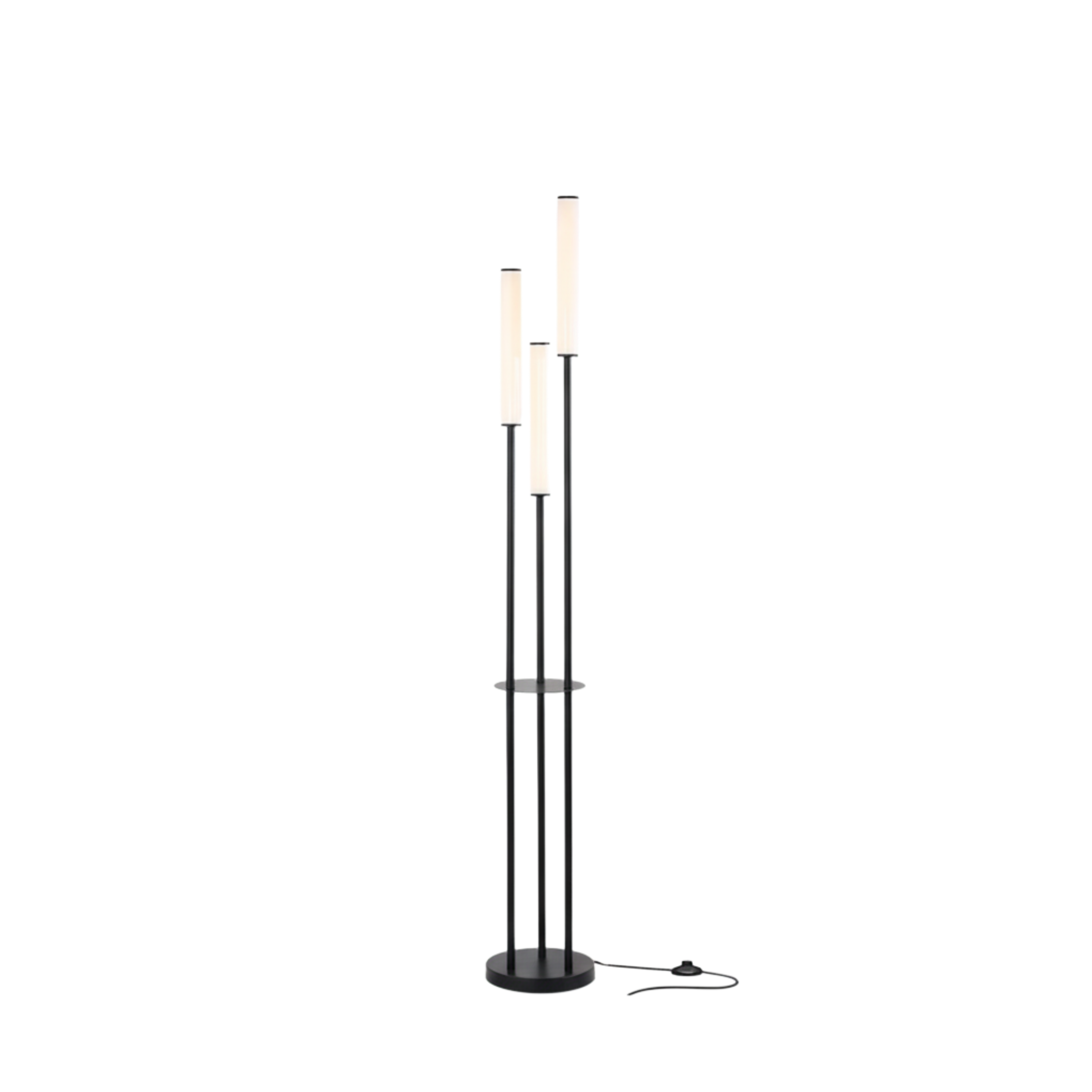 Moderne, minimalistische schwarze Aluminium-Stehlampe mit drei dimmbaren LED-Leuchten und Fernbedienung | Ormexis
