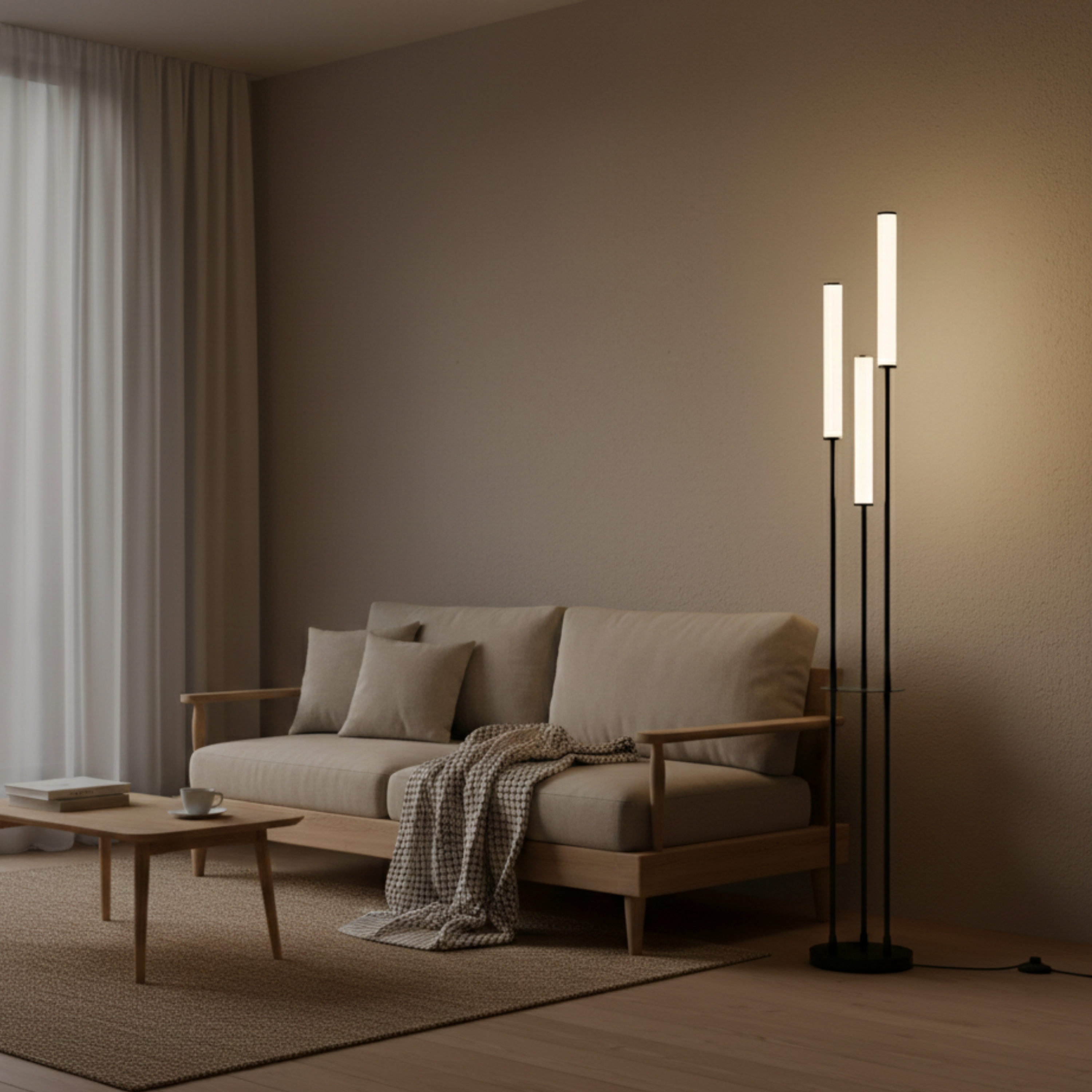 Moderne, minimalistische schwarze Aluminium-Stehlampe mit drei dimmbaren LED-Leuchten und Fernbedienung | Ormexis