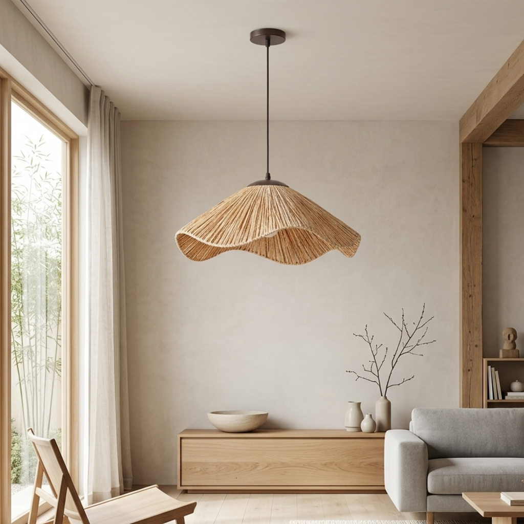 Lampă suspendată cu abajur din iarbă împletită, în stil boho natural | Ormexis