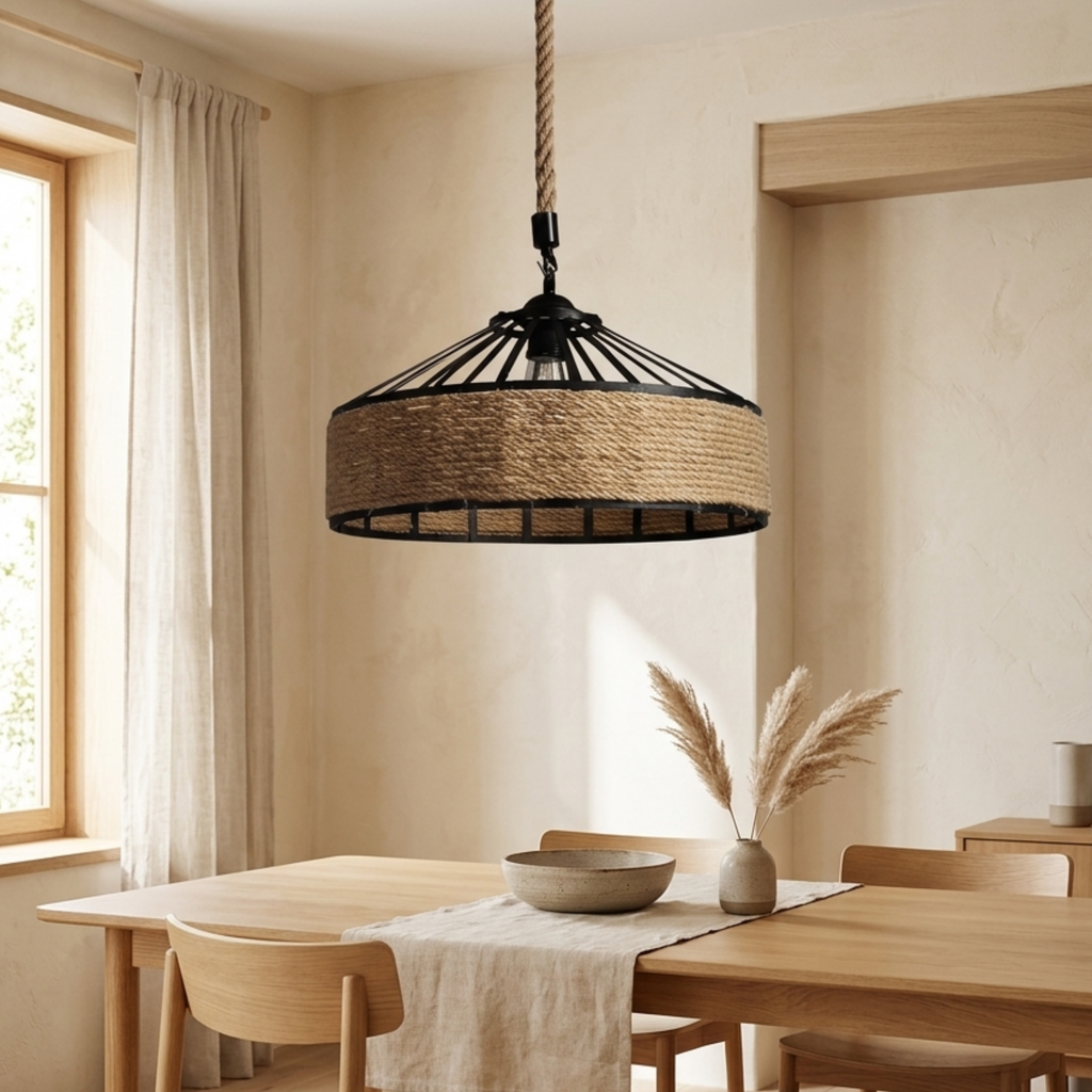 Retro Industrial Hemp Rope Pendant Light With Black Iron Frame | Ormexis