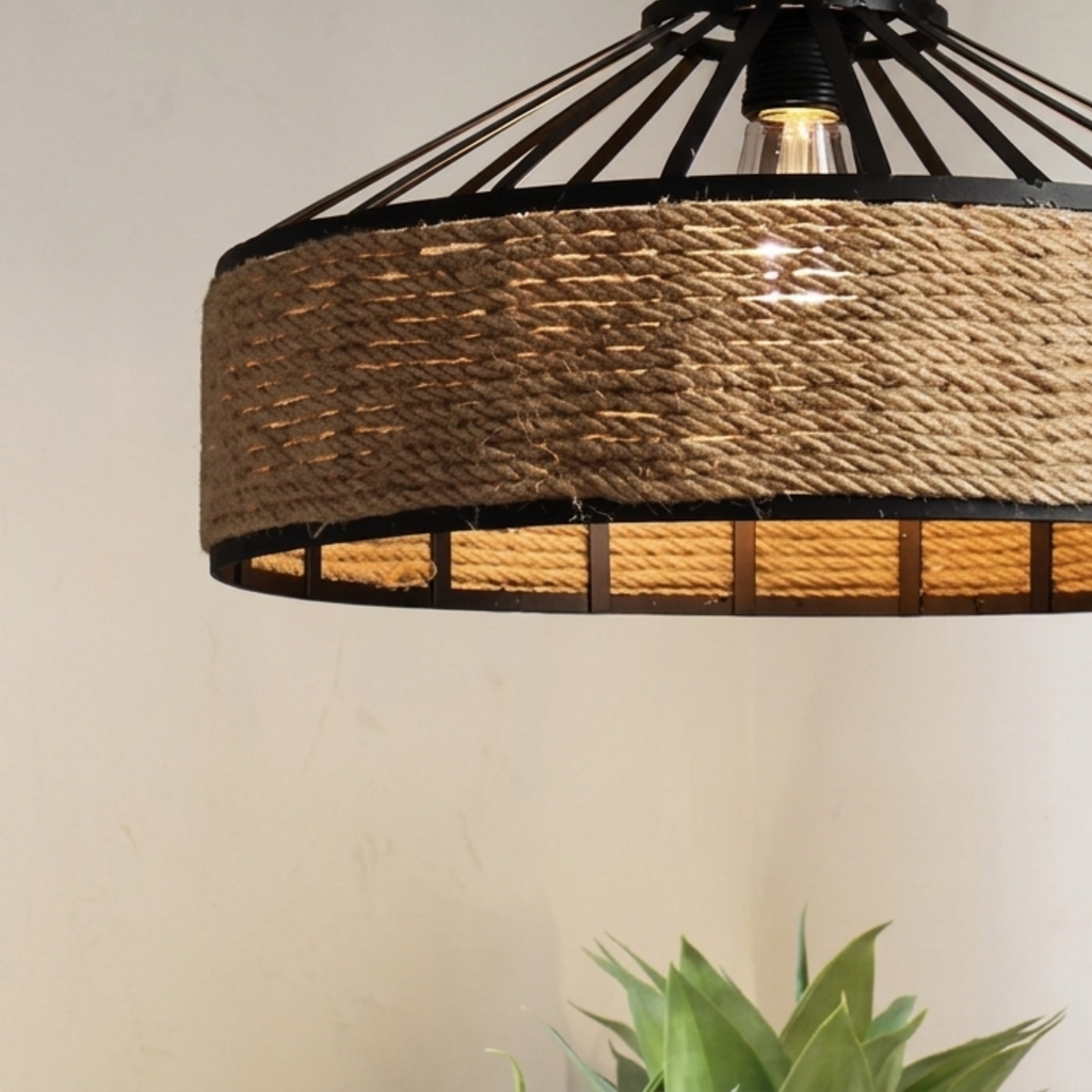 Retro Industrial Hemp Rope Pendant Light With Black Iron Frame | Ormexis