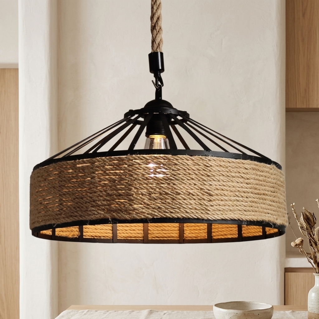 Retro Industrial Hemp Rope Pendant Light With Black Iron Frame | Ormexis
