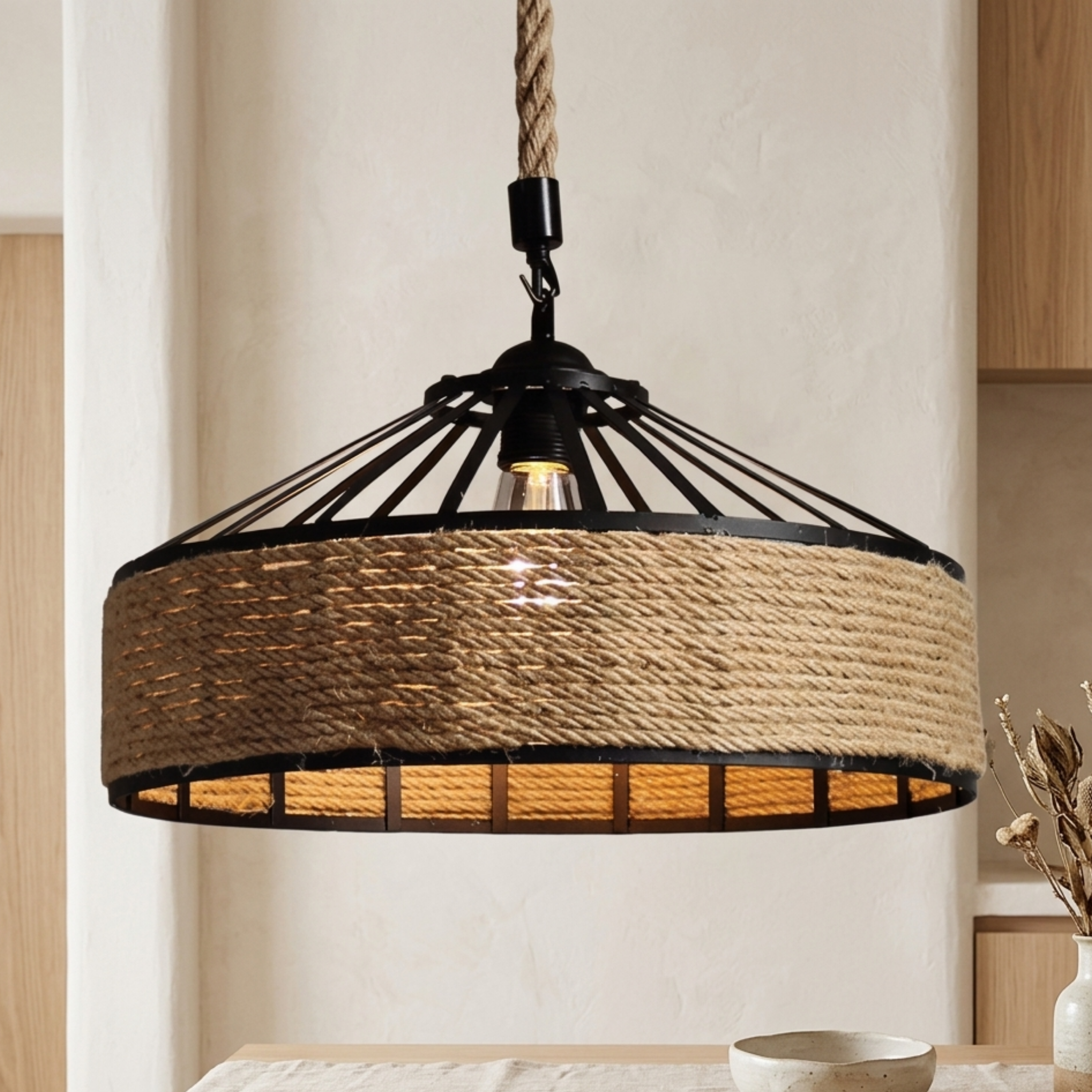 Retro Industrial Hemp Rope Pendant Light With Black Iron Frame | Ormexis