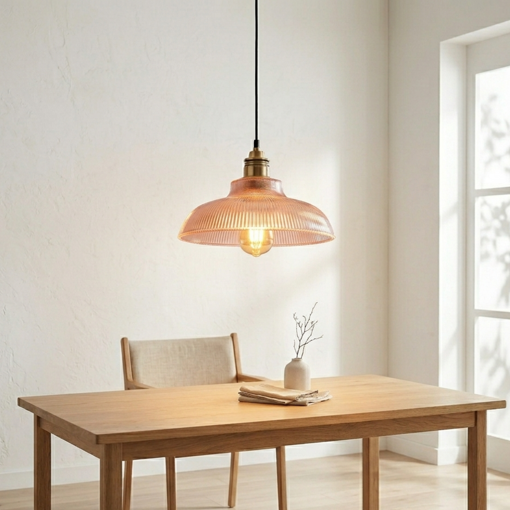 Retro abażur do lampy wiszącej z prążkowanego szkła, konstrukcja z odsłoniętą żarówką | Ormexis
