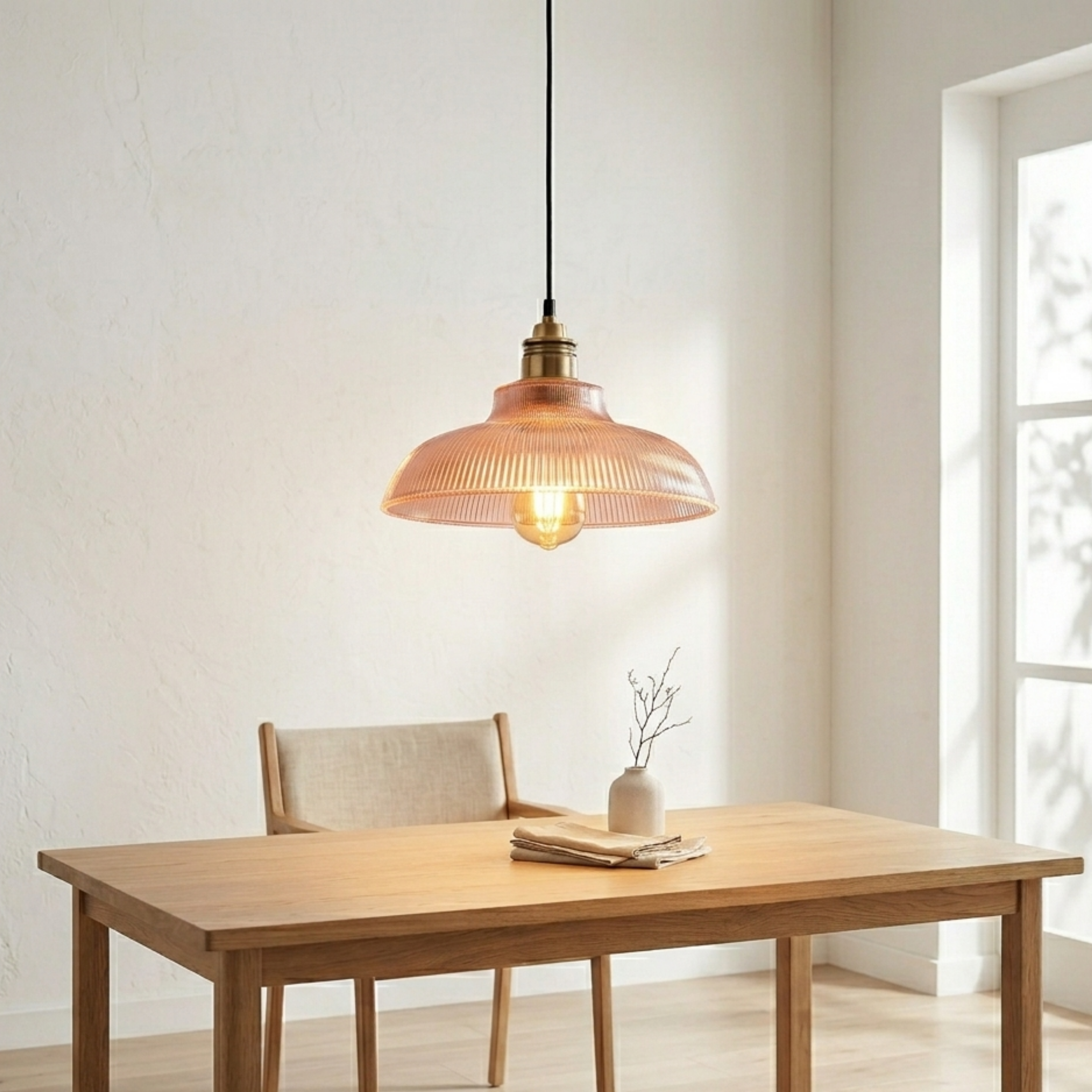 Retro abażur do lampy wiszącej z prążkowanego szkła, konstrukcja z odsłoniętą żarówką | Ormexis