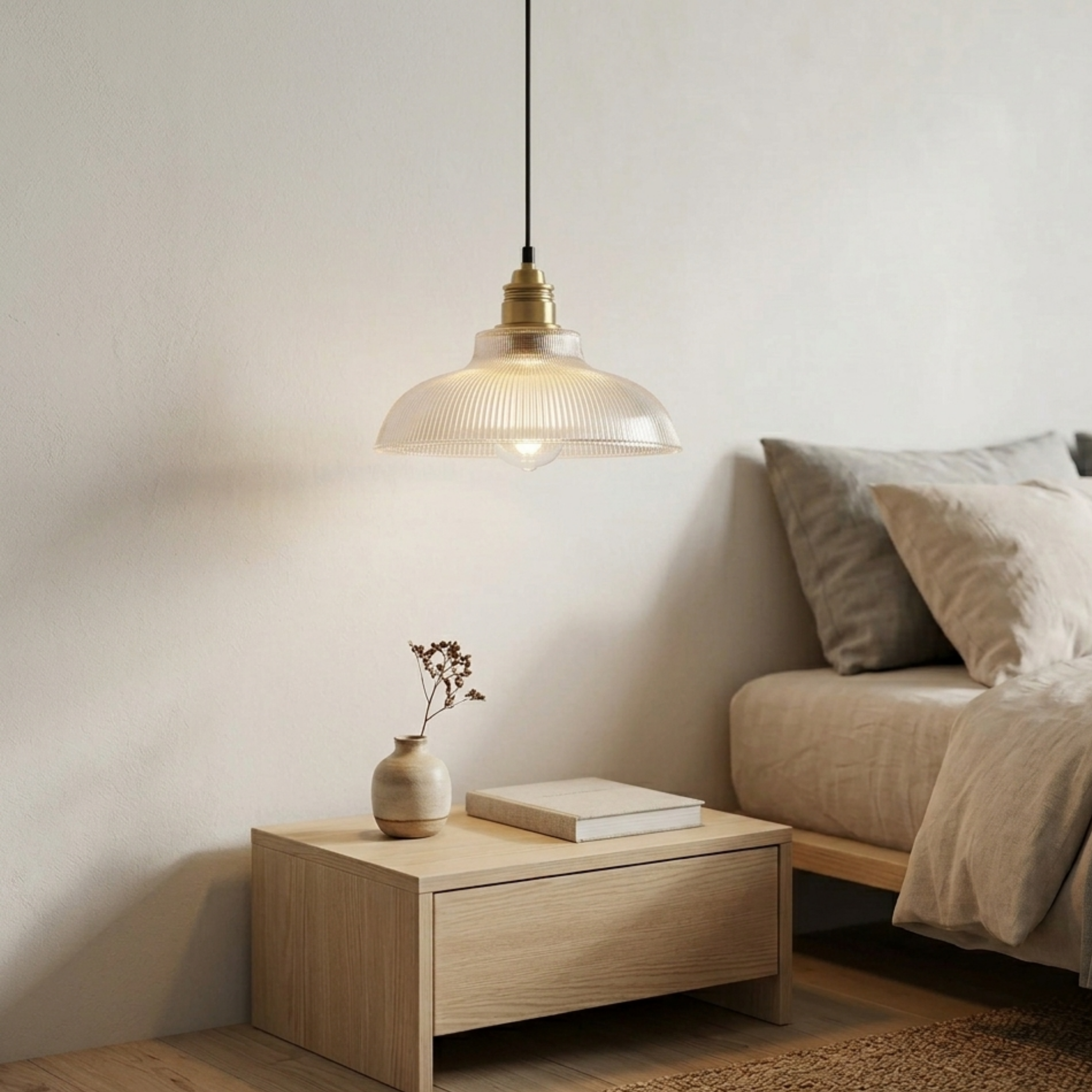 Retro abażur do lampy wiszącej z prążkowanego szkła, konstrukcja z odsłoniętą żarówką | Ormexis