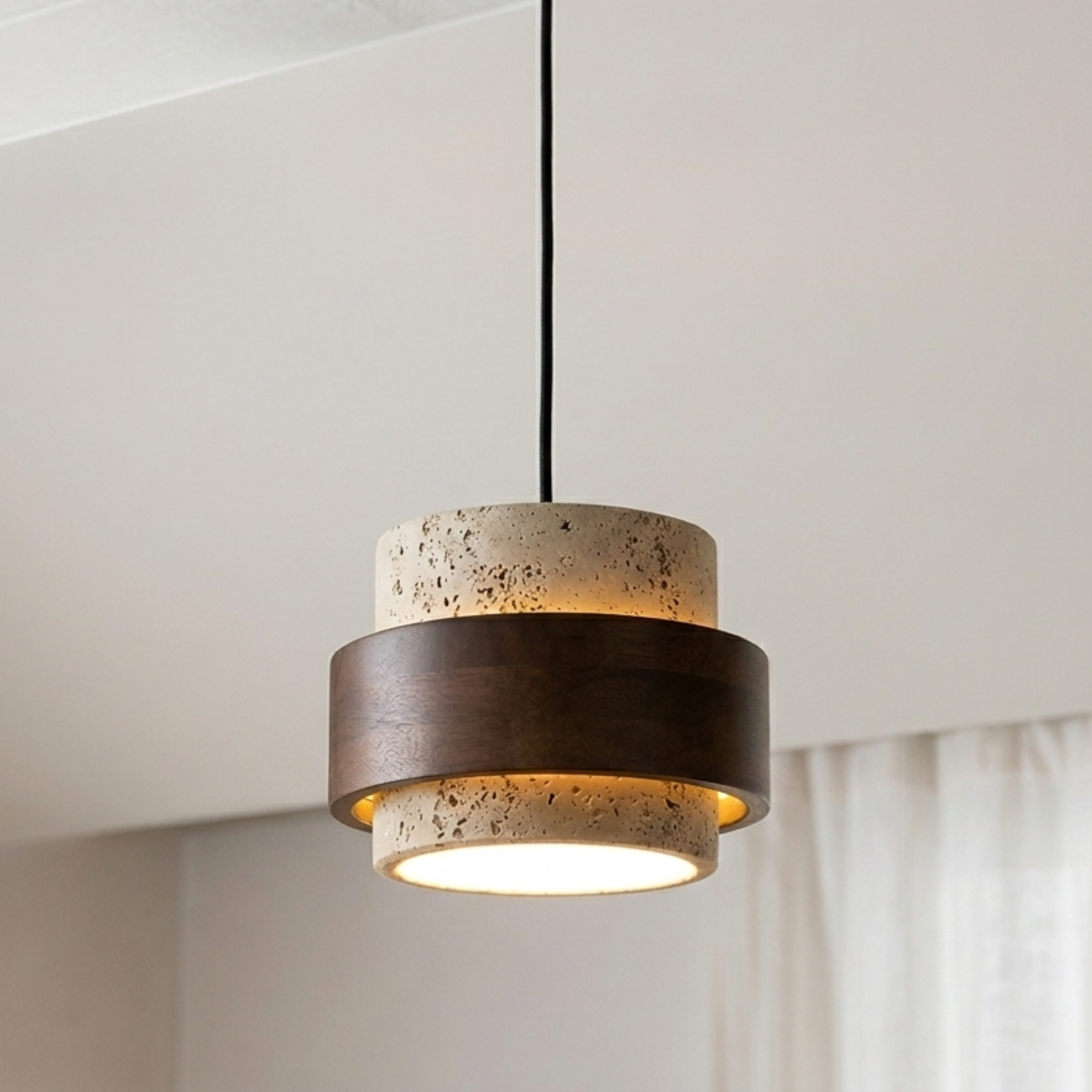 Kleine hanglamp van retro travertijnsteen en walnotenhout | Ormexis