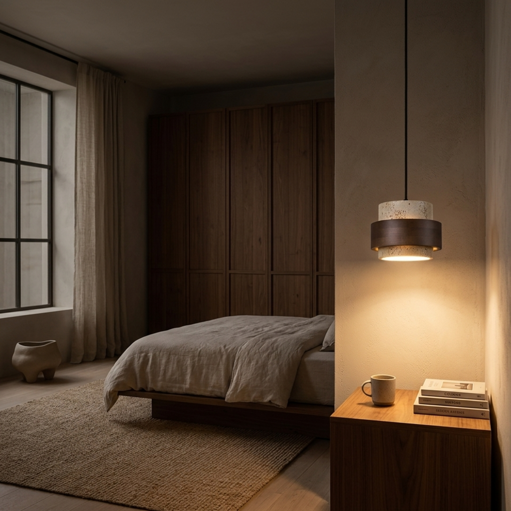 Kleine hanglamp van retro travertijnsteen en walnotenhout | Ormexis