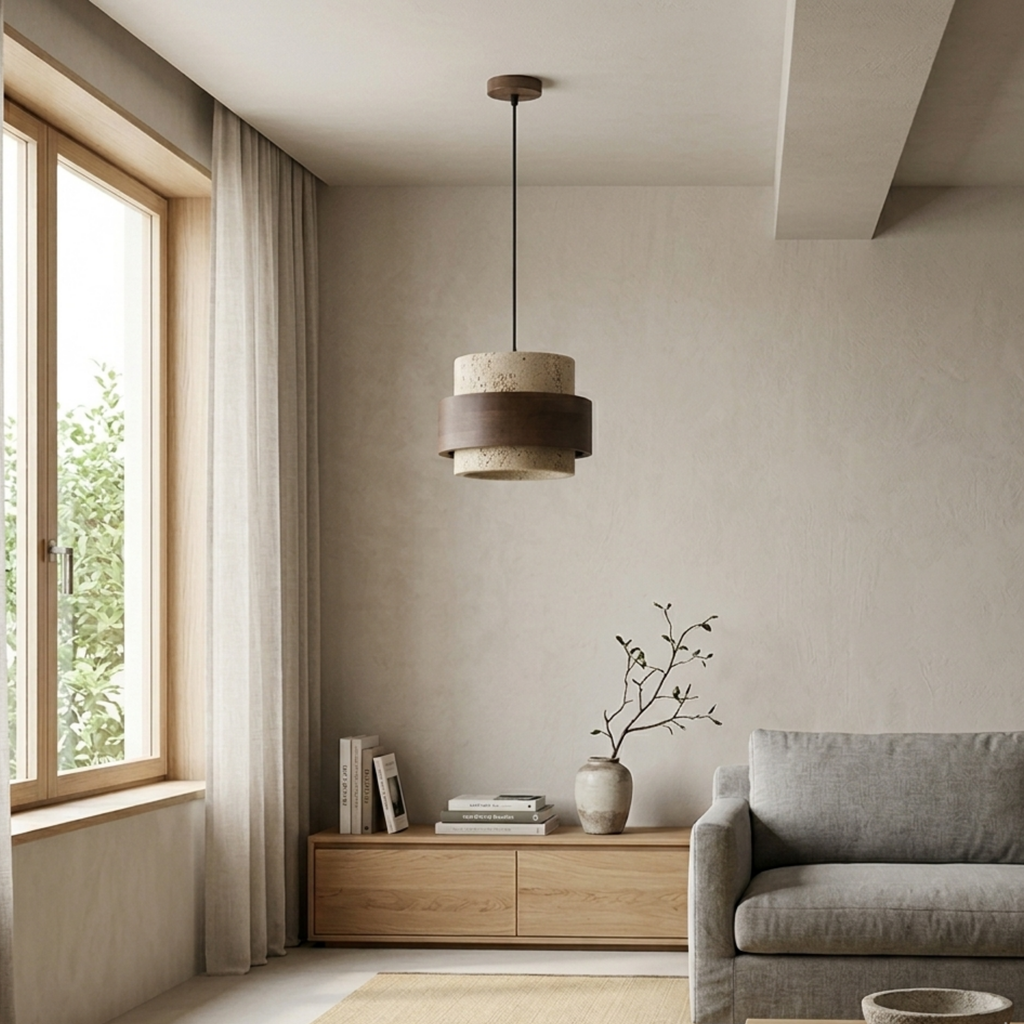 Kleine hanglamp van retro travertijnsteen en walnotenhout | Ormexis