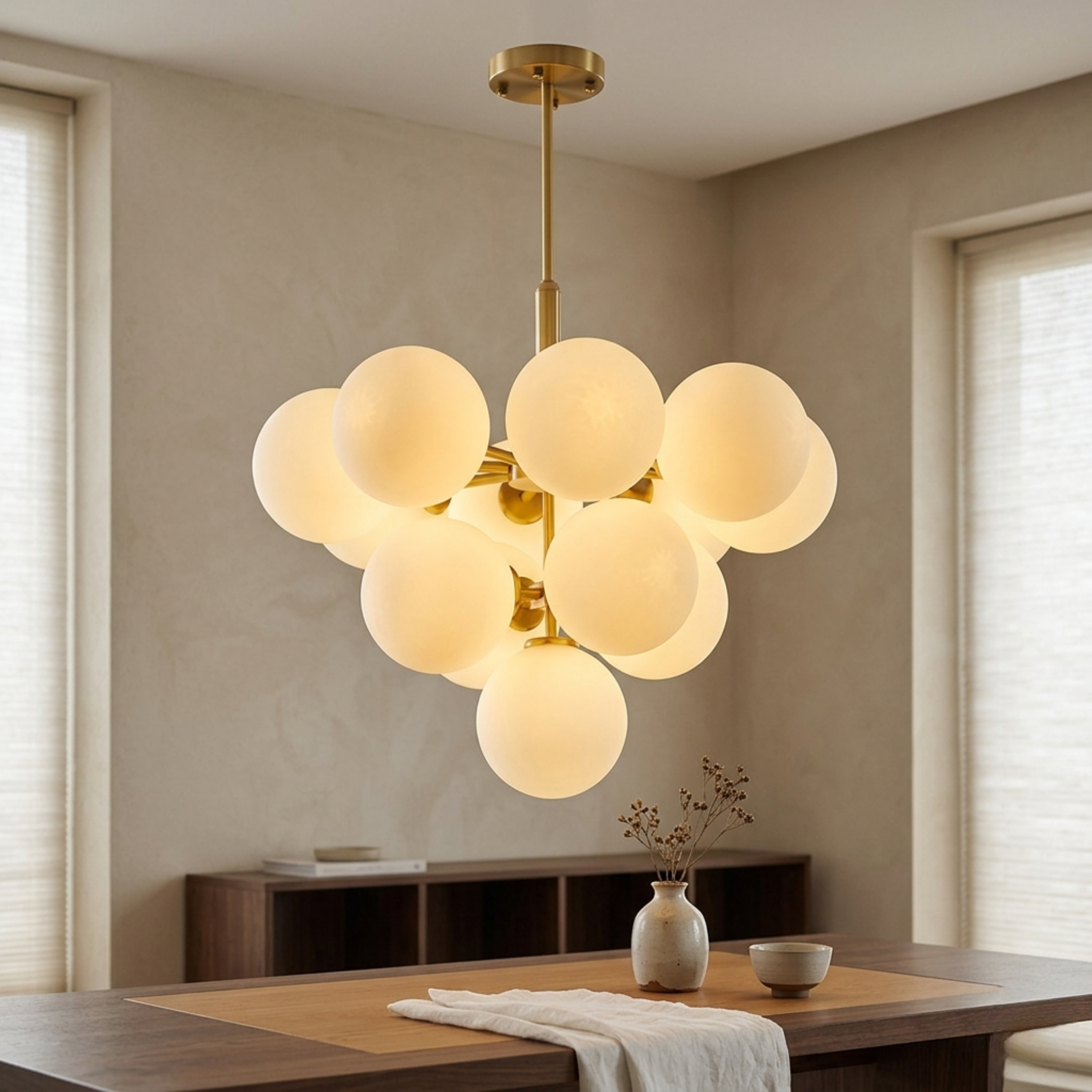 Skandynawska złota lampa wisząca z kloszami w formie szklanych kul | Ormexis